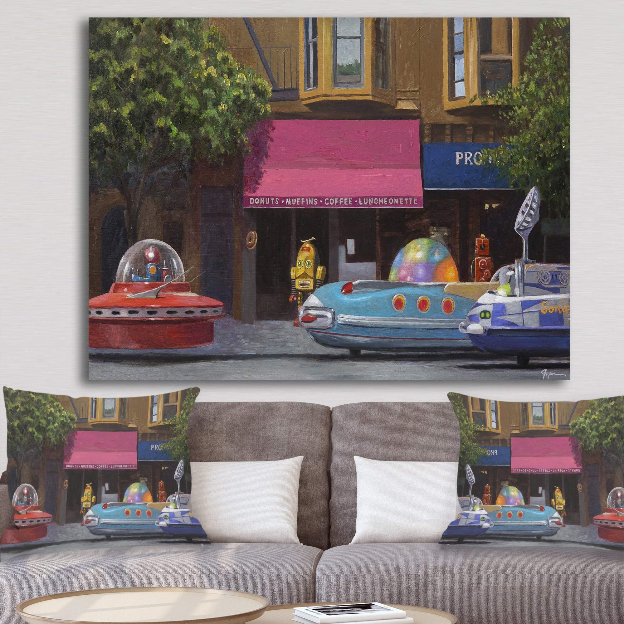 Futuristic Luncheonette for Robots Canvas Art Print - Modern & Contemporary Wall Decor 46x36 Inches - Perfect for Living Room, Office & Sci-Fi Themed Spaces