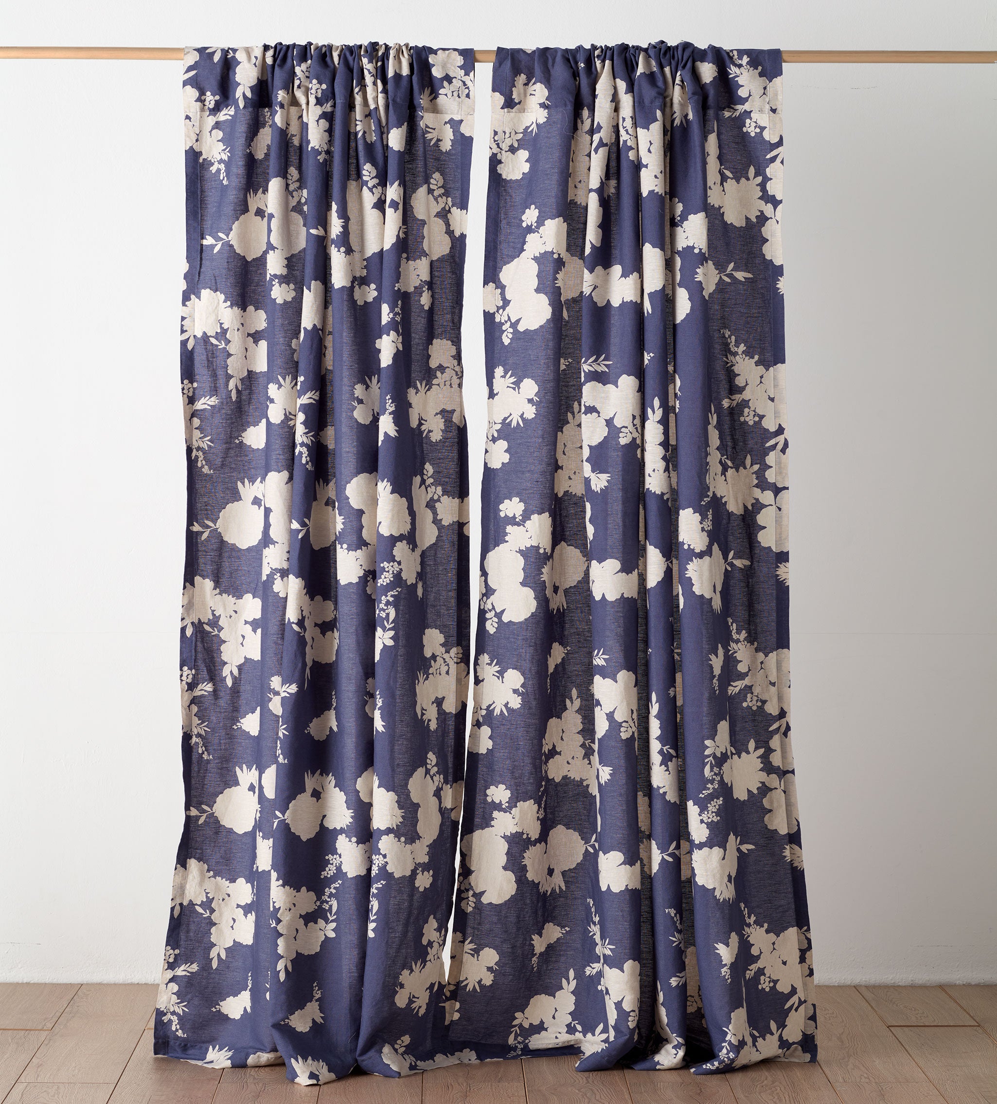 Premium Ink Blue Floral Linen Blend Loop Top Curtain - Single Panel for Living Room, Bedroom & Dining Room Decor