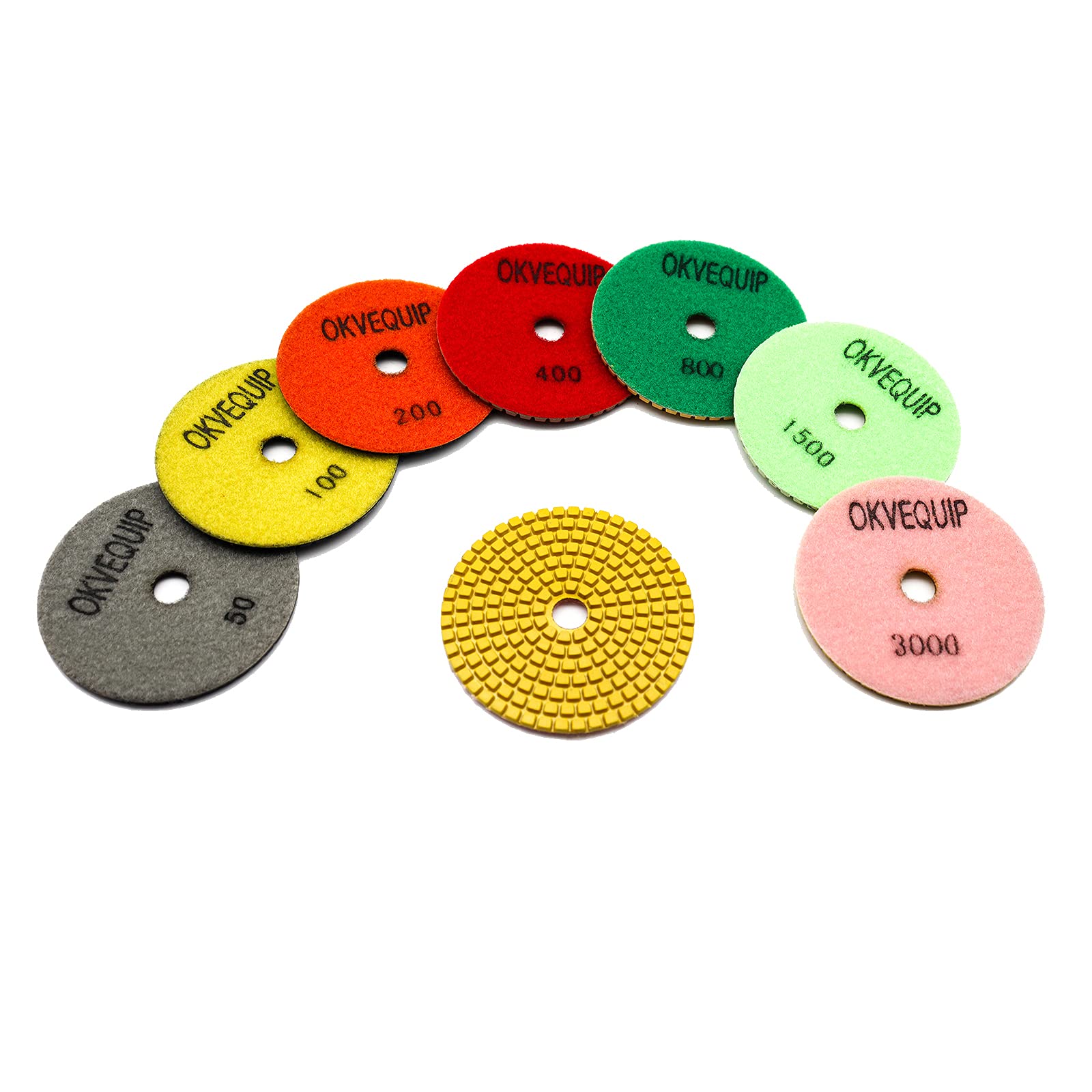 8Pcs Diamond Polishing Pads 4 Inch Wet/Dry for Granite, Quartz, Concrete, Marble - 50# to 3000# Grit with 5/8