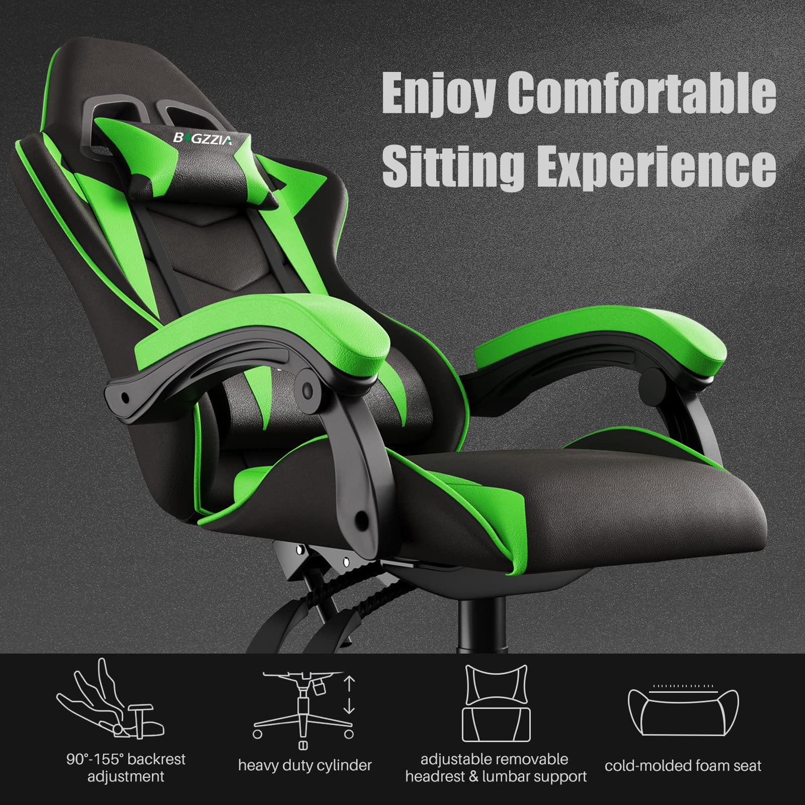 Bigzzia Ergonomic Gaming Chair with Lumbar Support & Headrest Pillow - Racing Style Adjustable Computer Chair for Adults, 360° Swivel Seat - Perfect for PC Gaming, Office Work & Home Use