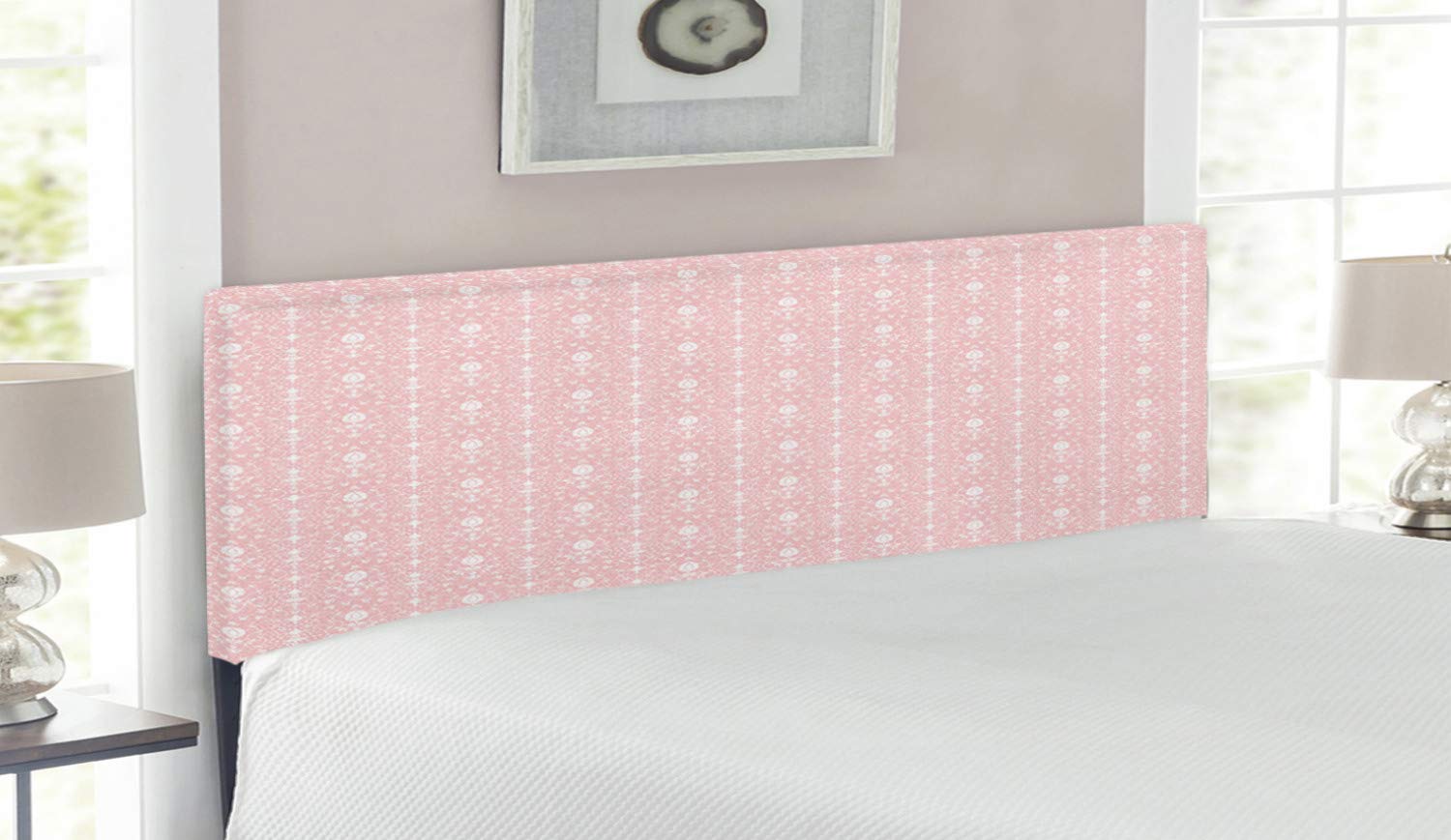 Ambesonne Floral Headboard - Vintage Damask Pattern Queen Size Upholstered Bed Headboard with Memory Foam in Pale Pink & White | Perfect for Master Bedroom, Guest Room & Bohemian Home Decor