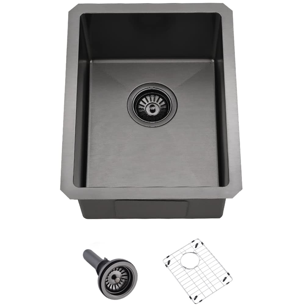 14 Inch Undermount Bar Sink Black - Hovheir 16 Gauge Stainless Steel Single Bowl Kitchen Sink (14x18 Inch) for Wet Bar, RV, Prep Station & Kitchen Island - Includes Bottom Grid - Durable & Stylish for Home & Commercial Use