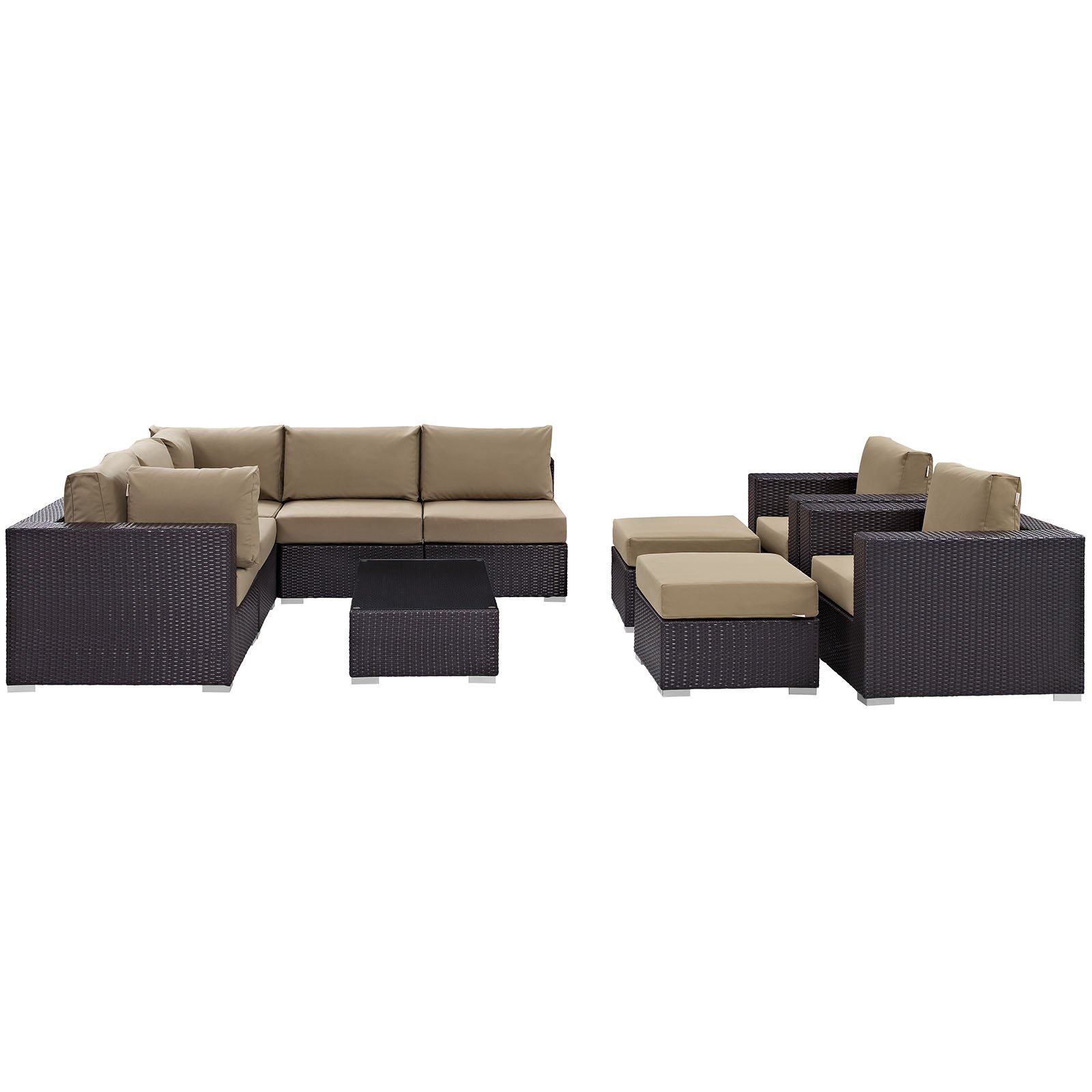 Modway Convene Collection 10-Piece Outdoor Patio Sectional Set in Espresso Mocha - Durable Wicker Furniture for Backyard, Garden, Poolside & Patio Relaxation