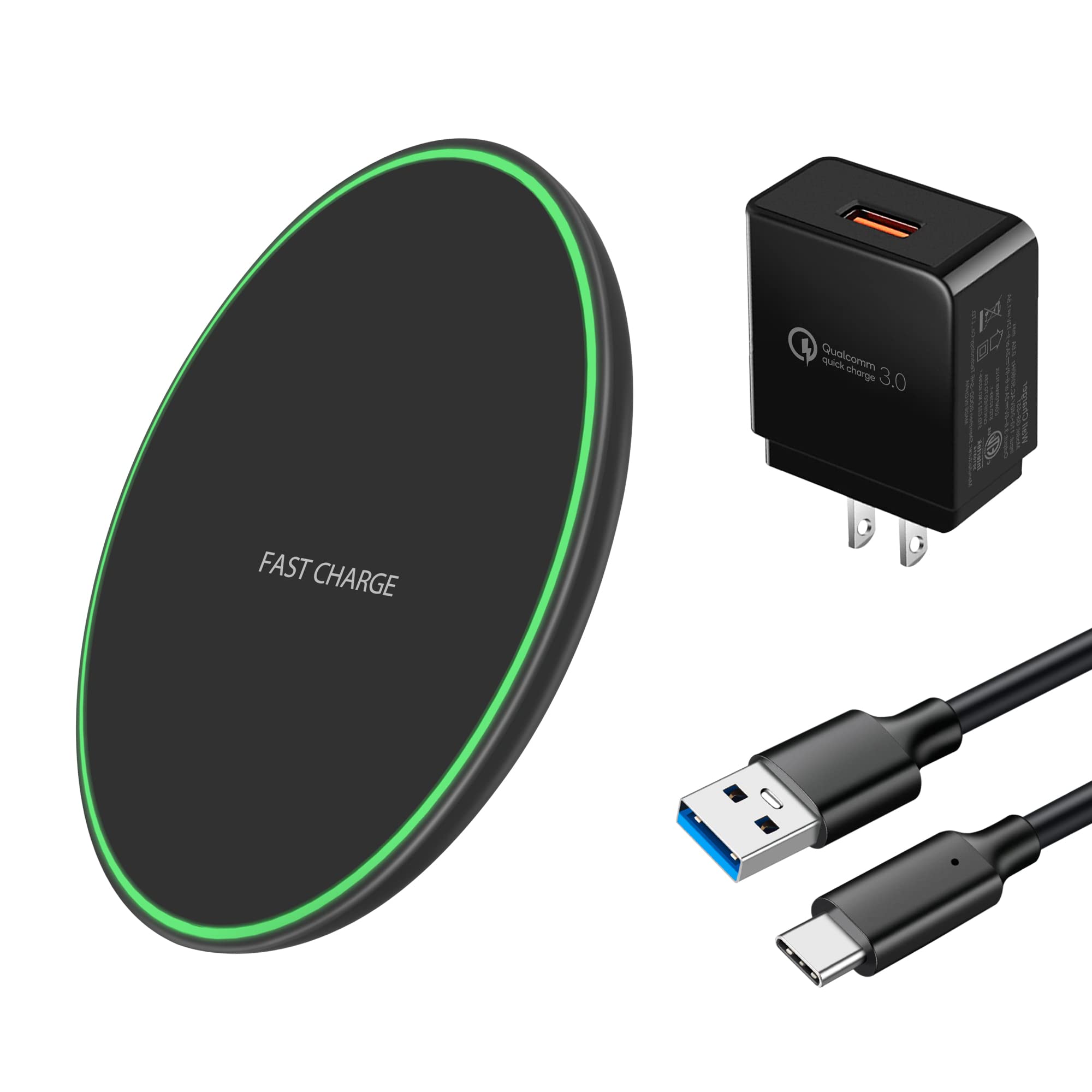 Fast Wireless Charger for Samsung Galaxy S24/S23/S22/S21/S20/S10/S9/S8/S7 Series - 15W Qi-Certified Charging Pad with QC 3.0 Adapter & 6.6ft USB-C Cable (Black) - Perfect for Home, Office and Nightstand Charging