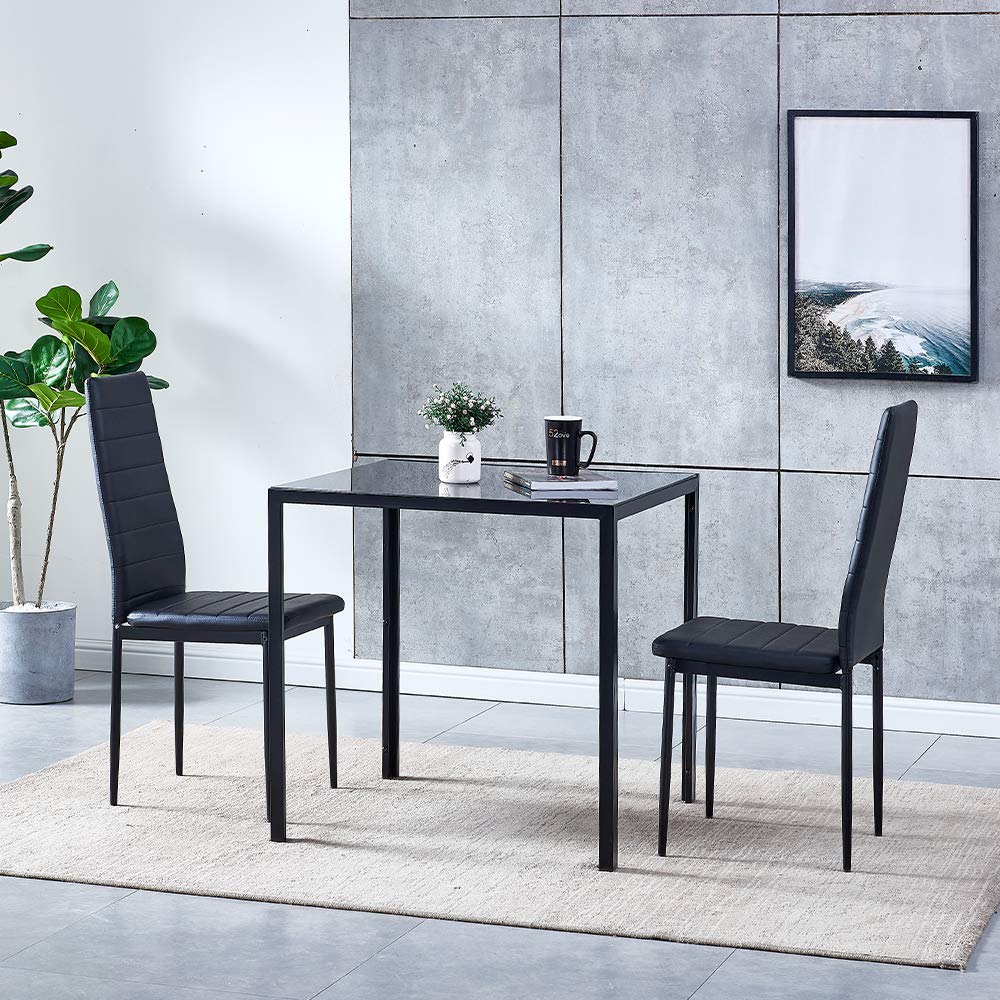 Modern 3-Piece Black Glass Dining Table Set with 2 Velvet Chairs - Space-Saving Square Kitchen Table for Small Spaces | Perfect for Apartments, Breakfast Nooks & Cozy Dining Areas