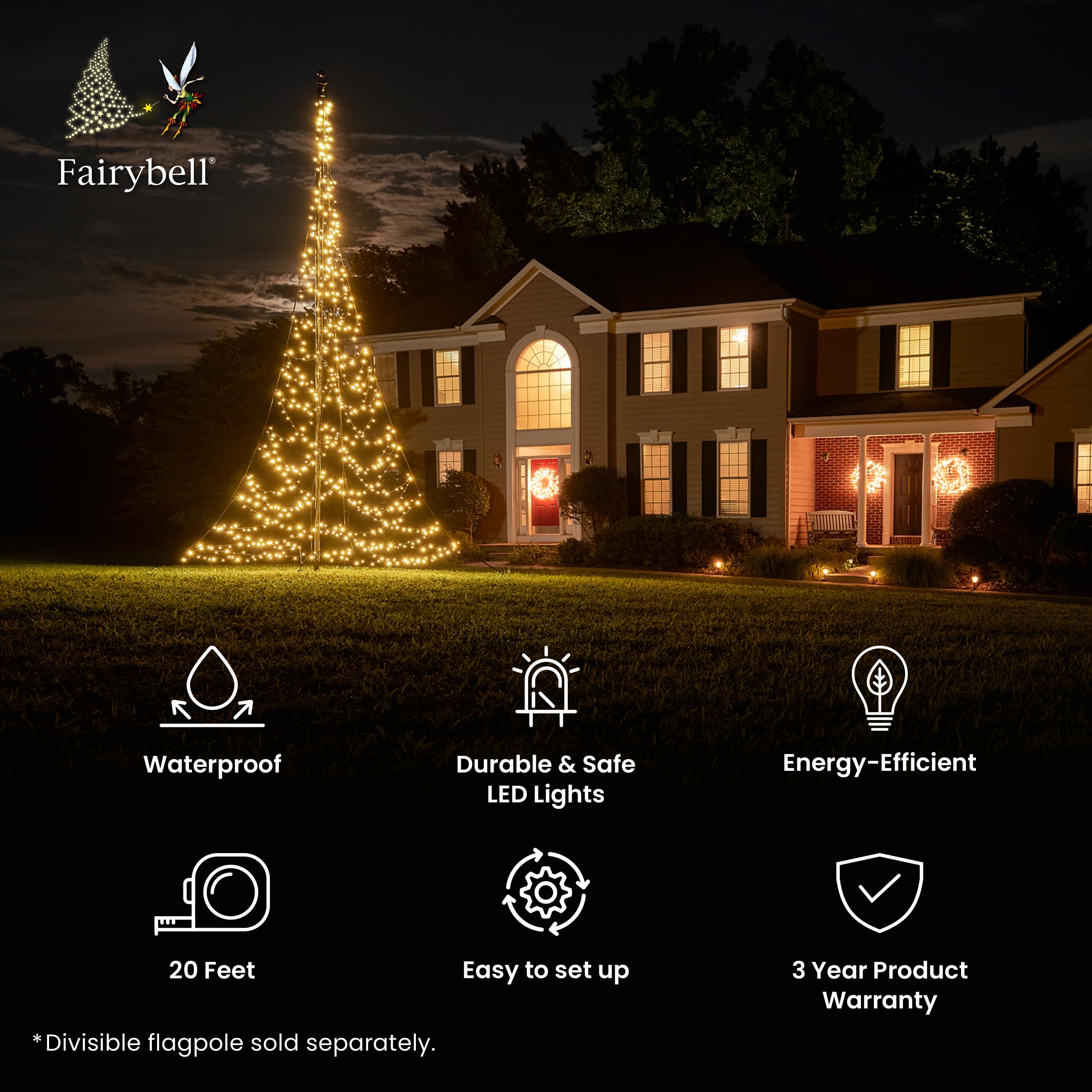 Fairybell 20ft LED Christmas Tree with 900 Warm White Lights - Outdoor Flagpole Christmas Decor for Holiday Yard & Garden Decoration - Perfect for Existing Flagpoles
