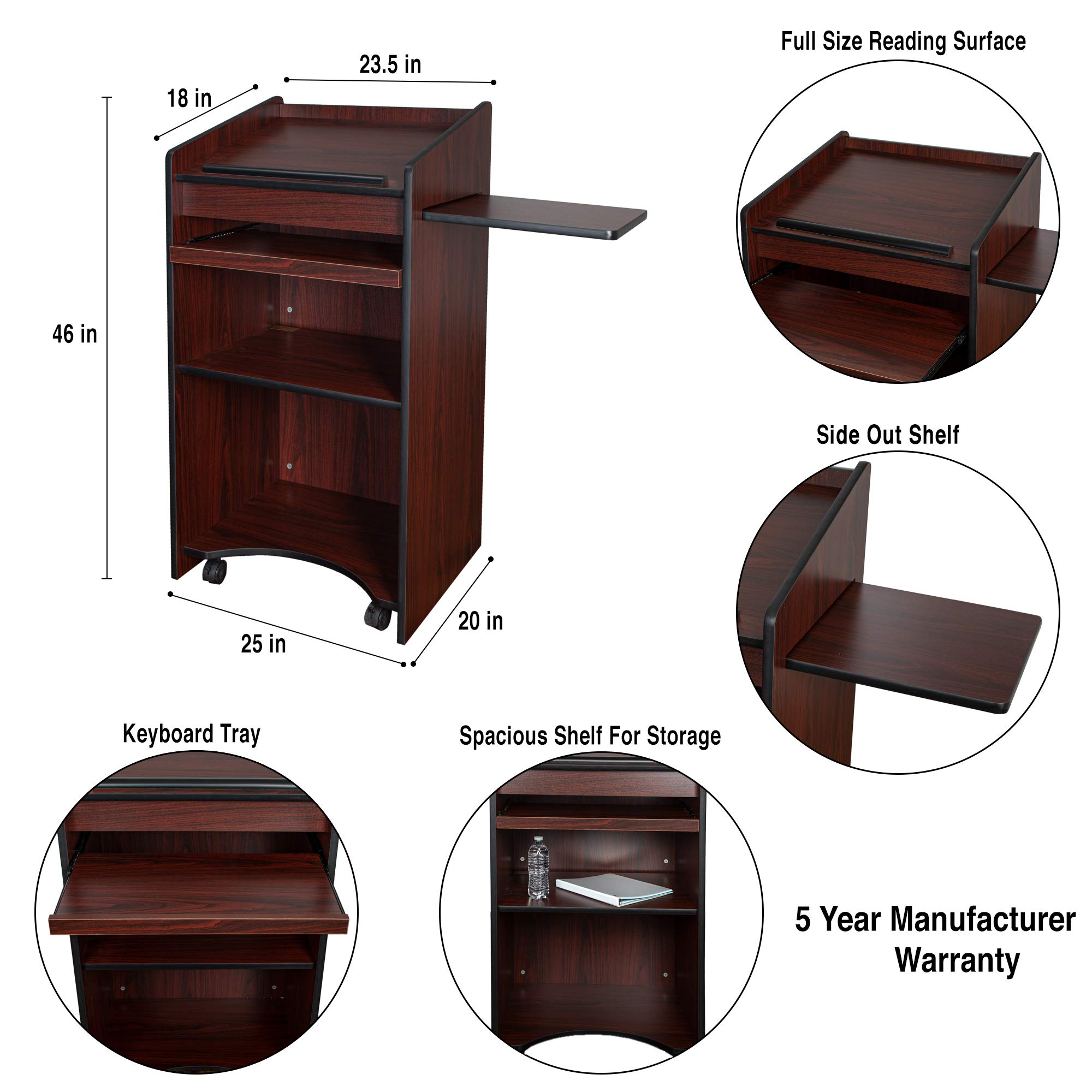 OEF Furnishings Mobile Floor Lectern with Side Shelf & Keyboard Tray - Adjustable Height Mahogany Wood Podium for Church, Classroom, or Home Office Use