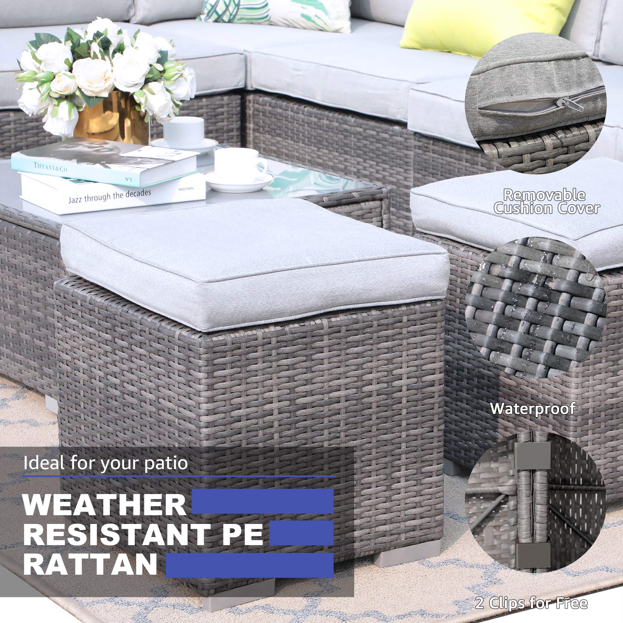 Patiorama 2-Piece Outdoor Patio Ottoman Set - All-Weather Grey Wicker Rattan Footstool with Light Grey Cushions - Indoor/Outdoor Use - No Assembly Required - Perfect for Poolside, Deck, Porch & Living Room Relaxation