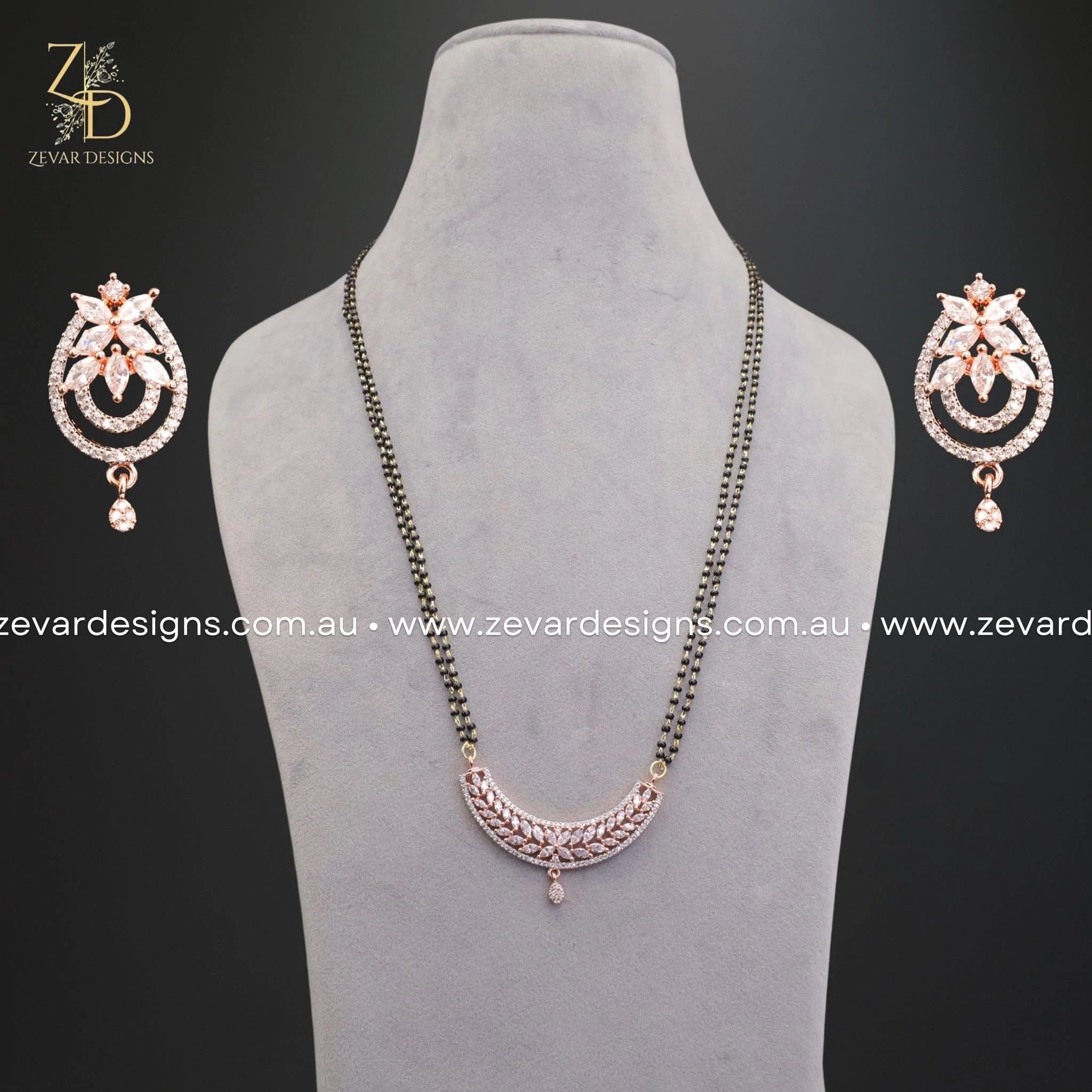 Zircon Mangalsutra & Earrings Set in Rose Gold - Elegant Indian Bridal Jewelry for Weddings, Festivals & Special Occasions