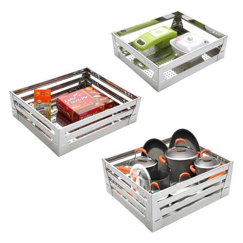SmartSlide Stainless Steel Modular Kitchen Basket - 3-Pack Kitchen Storage Organizer with Drawers (21x20 Inch) for Utensils, Spices & Cookware - Perfect for Pantry, Countertop & Cabinet Organization