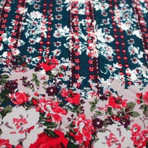 Snorkel Blue & Red Floral Border Printed Chiffon Fabric by The Yard - Perfect for DIY Dresses, Scarves & Home Decor Projects
