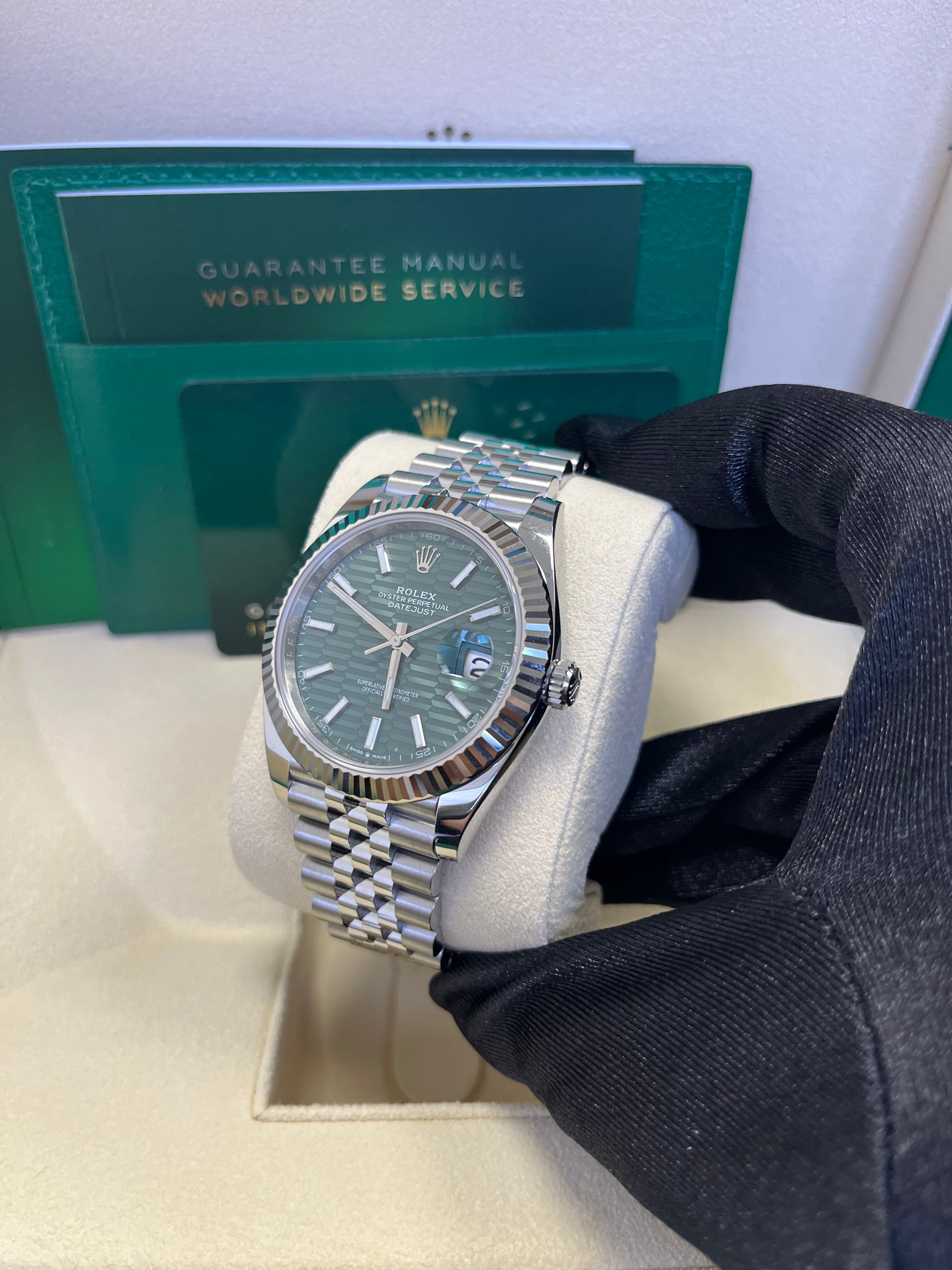 Rolex Datejust 41mm White Gold & Steel Watch with Mint Green Fluted Motif Dial & Fluted Bezel - Jubilee Bracelet Ref#126334 | Luxury Dress Watch for Men, Business & Formal Occasions