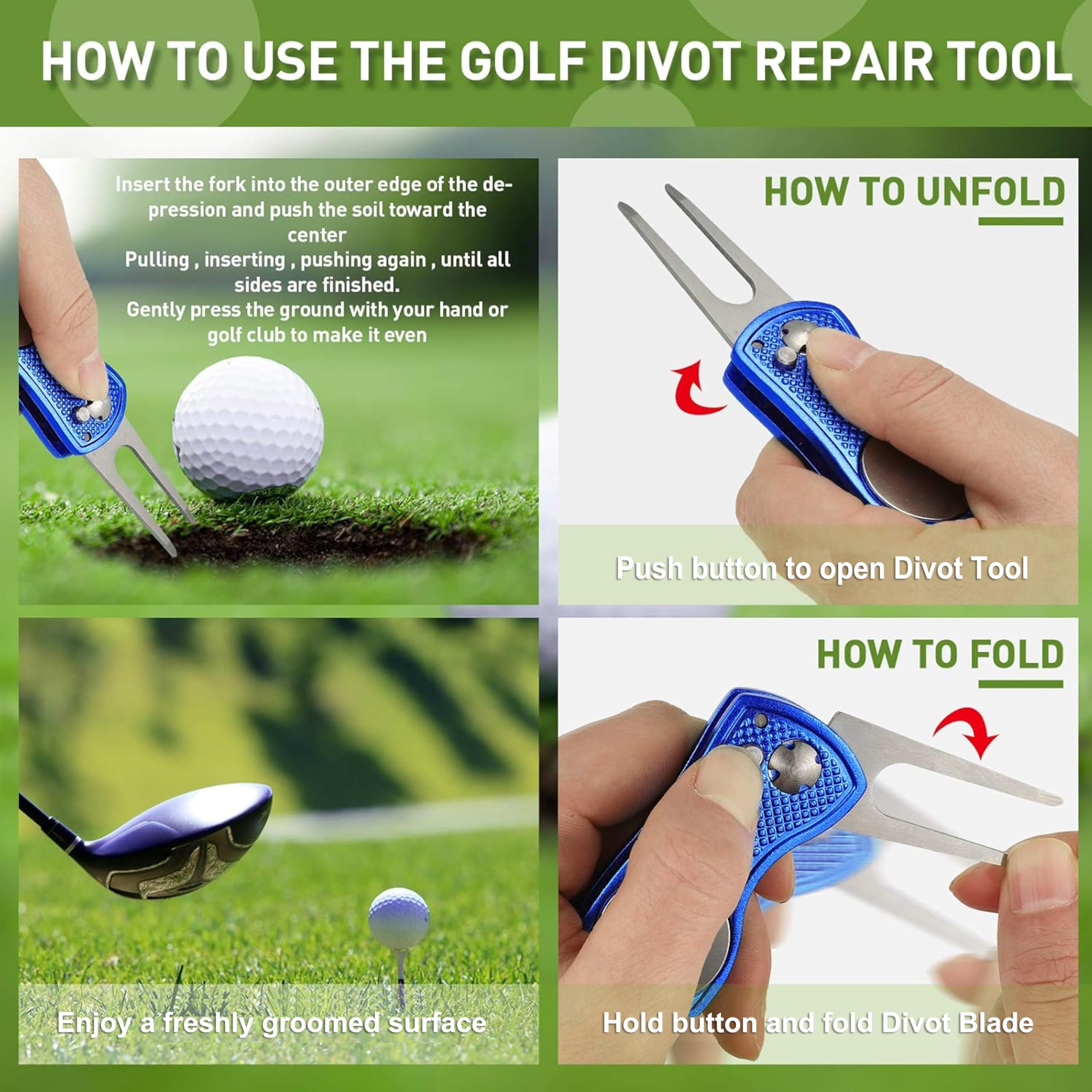 Premium Golf Divot Tool with Magnetic Ball Marker - Multifunctional, Foldable Fork for Repairing Divots, Cleaning Clubs & Cleats - U-Shaped Bottom Holds Club - Perfect for Golf Course & Practice Sessions