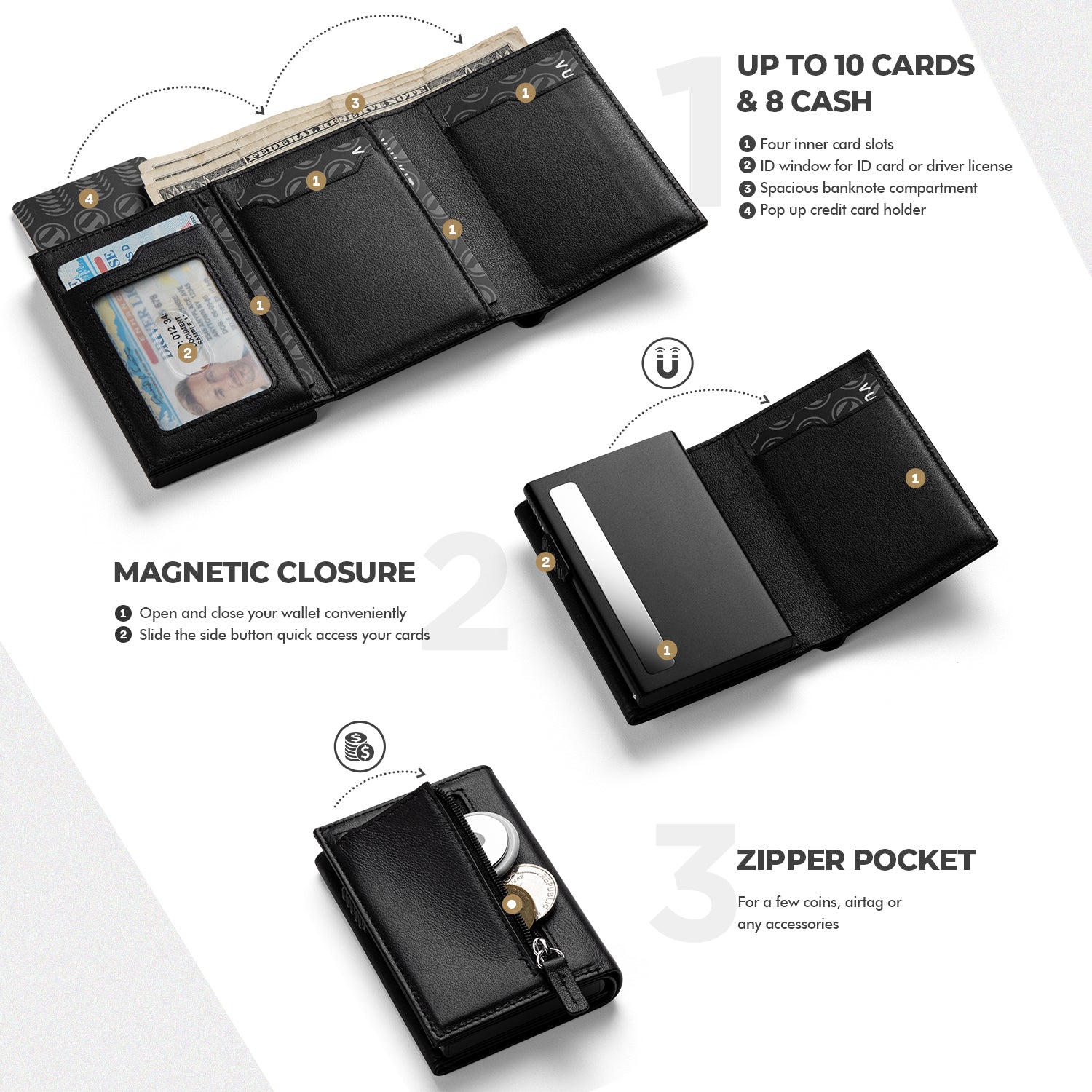 VC302P Genuine Leather Tri-Fold Wallet with Side Slider Mechanism, Back Zipper Slot & Magnetic Closure - Perfect for Men's Everyday Carry, Business & Travel