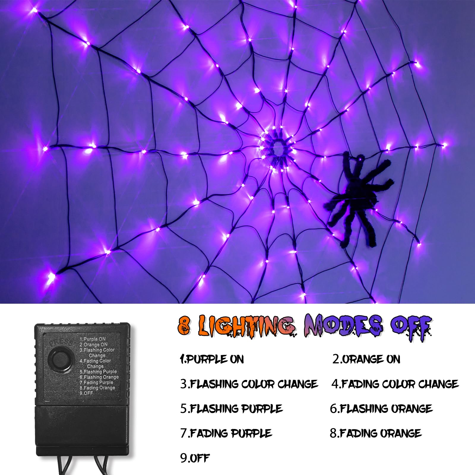 PABIPABI Halloween Spider Web Lights - 4FT Outdoor LED Web Decor with 84 Lights & 8 Lighting Modes - Orange & Purple Halloween Party Decorations for Yard, Haunted House, Bar, and Outdoor Halloween Displays