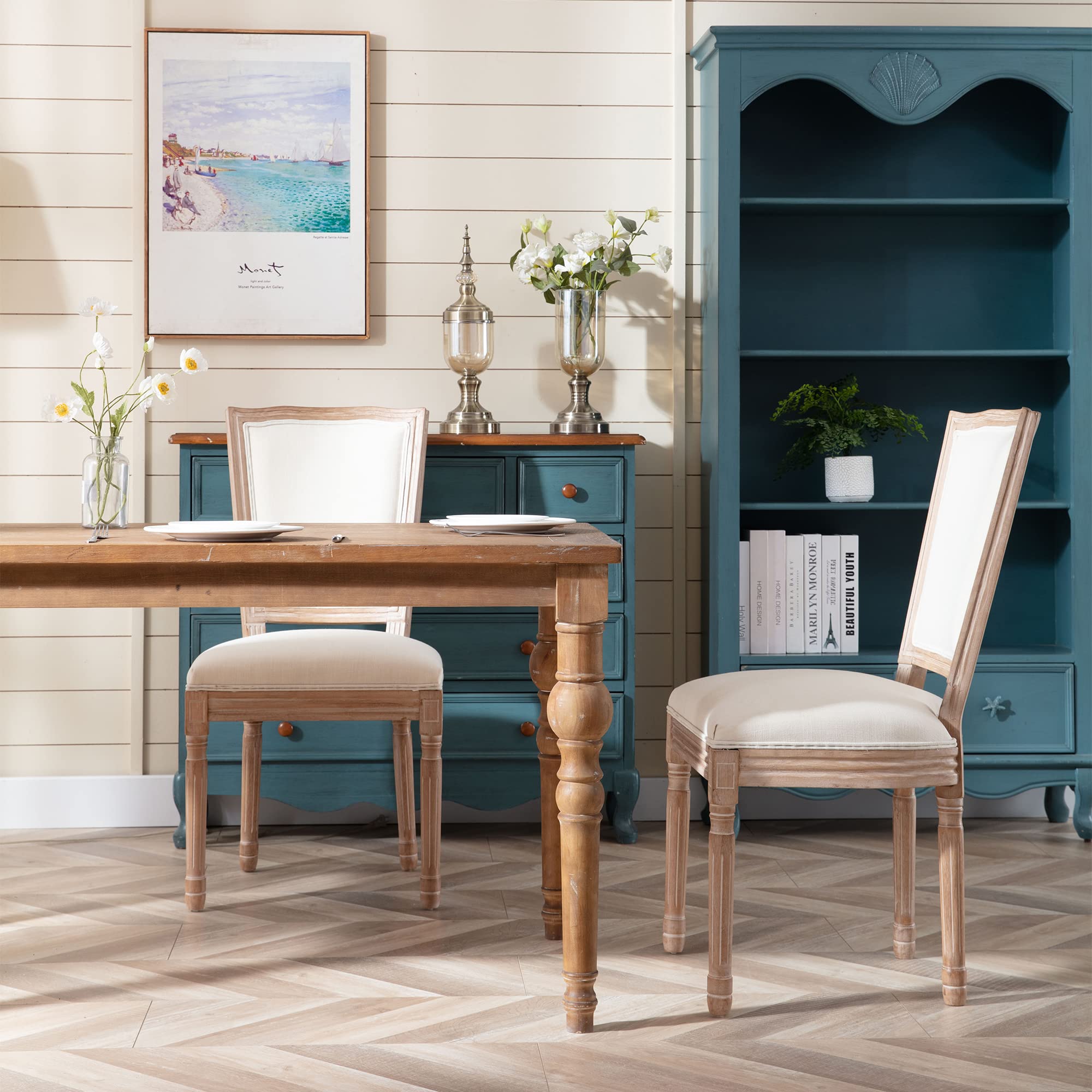 Farmhouse Dining Chairs Set of 2 - French Bistro Style with Square Back & Brown Wood Legs - Beige Upholstered Chairs for Dining Room, Kitchen, Living Room or Restaurant Decor | Perfect for Country Homes, Cafés & Cozy Breakfast Nooks