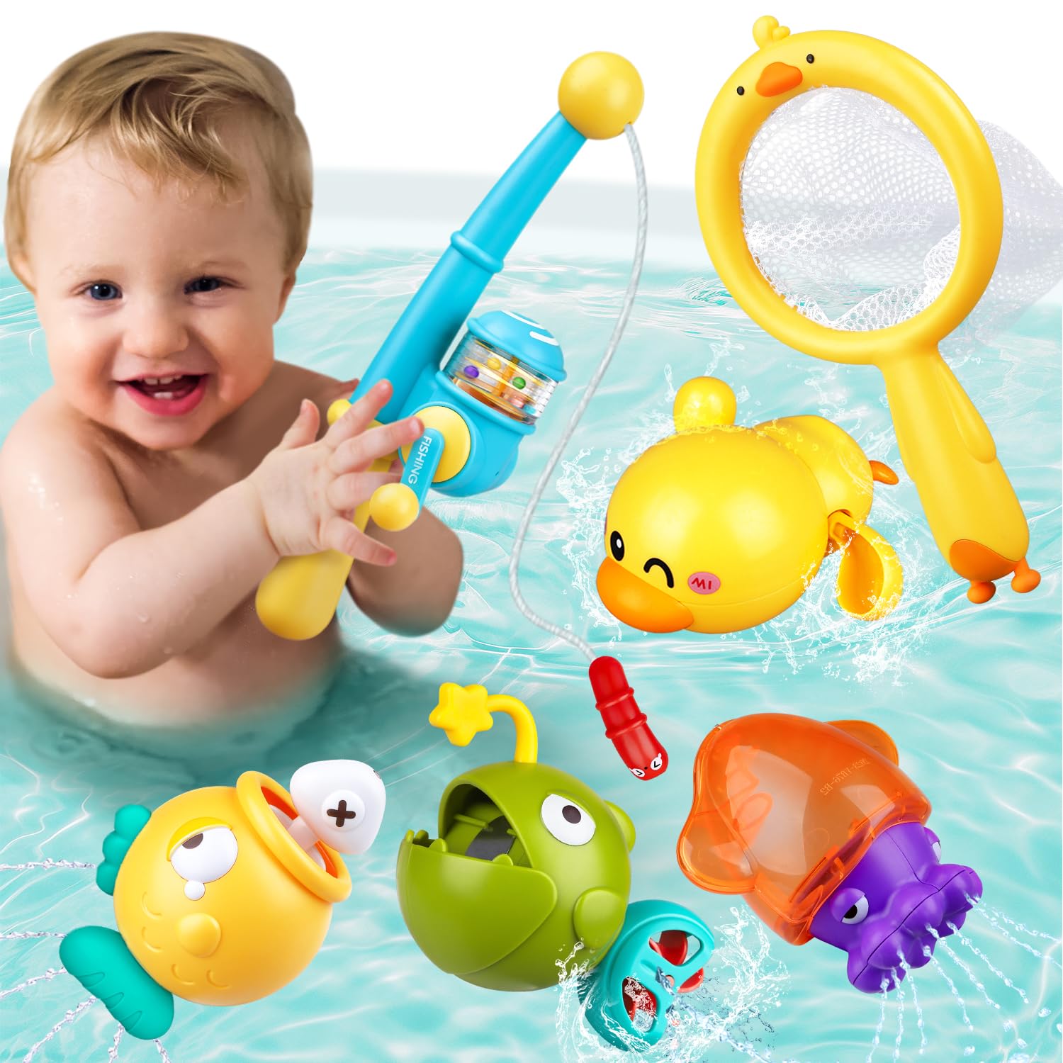 Best Baby Bath Toys for Toddlers 1-3 Years - Magnetic Fishing Game Set with Floating Wind-Up Toys, Fishing Net & Rod - Fun Bathtub & Pool Water Toys for Kids - Perfect for Sensory Play, Motor Skills Development & Bath Time Fun