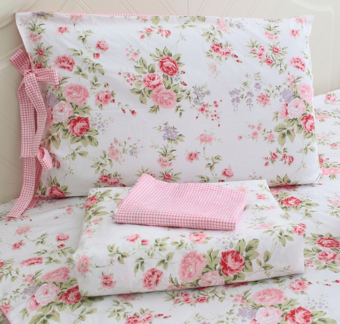 FADFAY Cotton Rose Floral Print Bed Sheets 4-Piece King Size Set - Soft Breathable Bedding for Comfortable Sleep, Perfect for Master Bedroom, Guest Room & Hotel Use