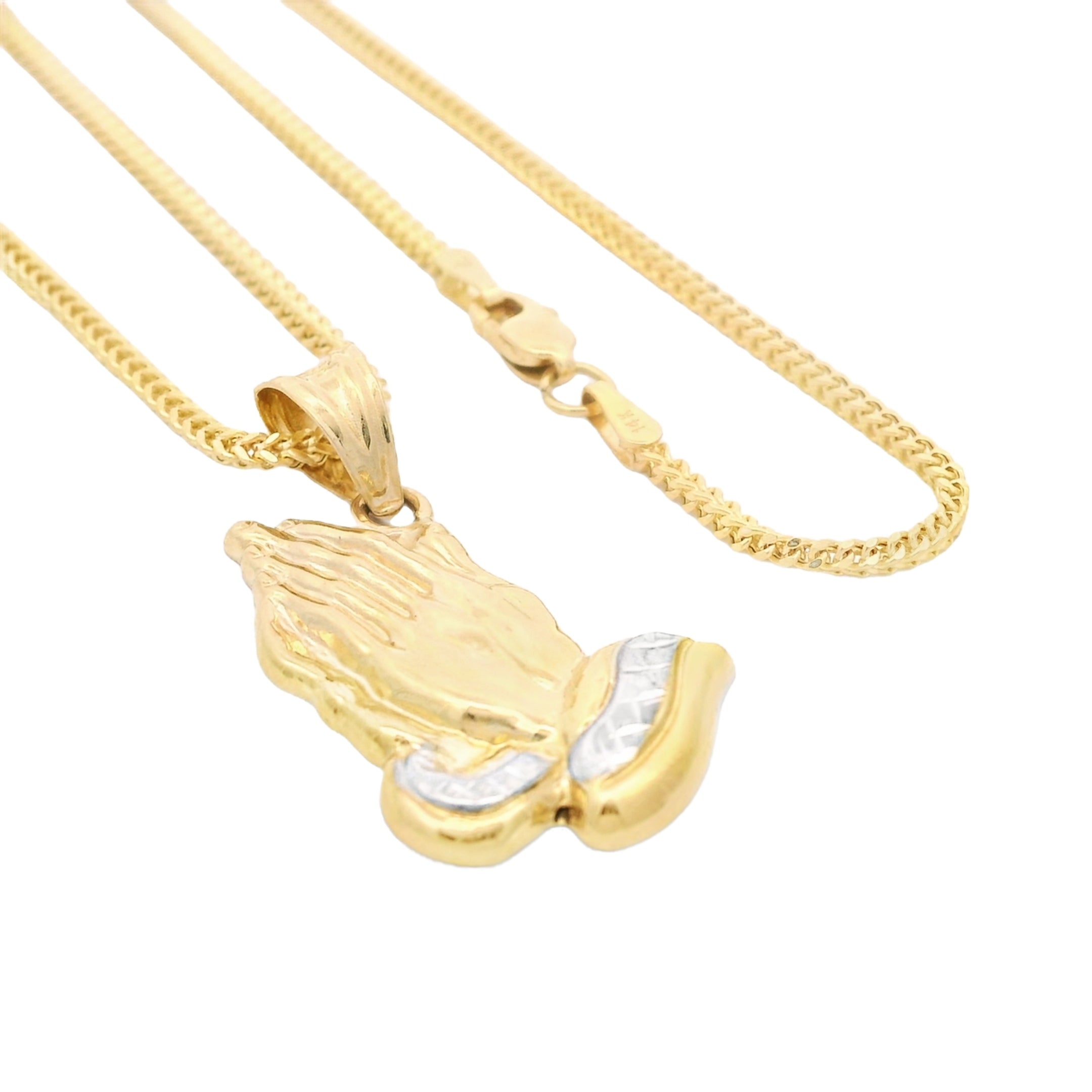 14K Gold Praying Hands Pendant with Hollow Franco Chain - 22 Inch Religious Jewelry for Men & Women - Perfect for Daily Wear, Gifts & Spiritual Occasions