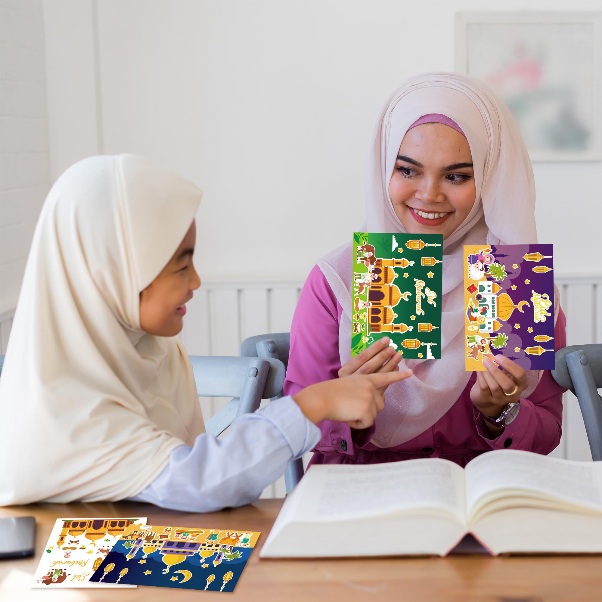 COcnny 48pcs Eid Mubarak Craft Kit - DIY Mosque Scene Stickers for Kids, Ramadan Kareem Decal, Islamic Religious Art Ornaments for Eid Al-Fitr Party, School Projects, Classroom Decor & Family Celebrations