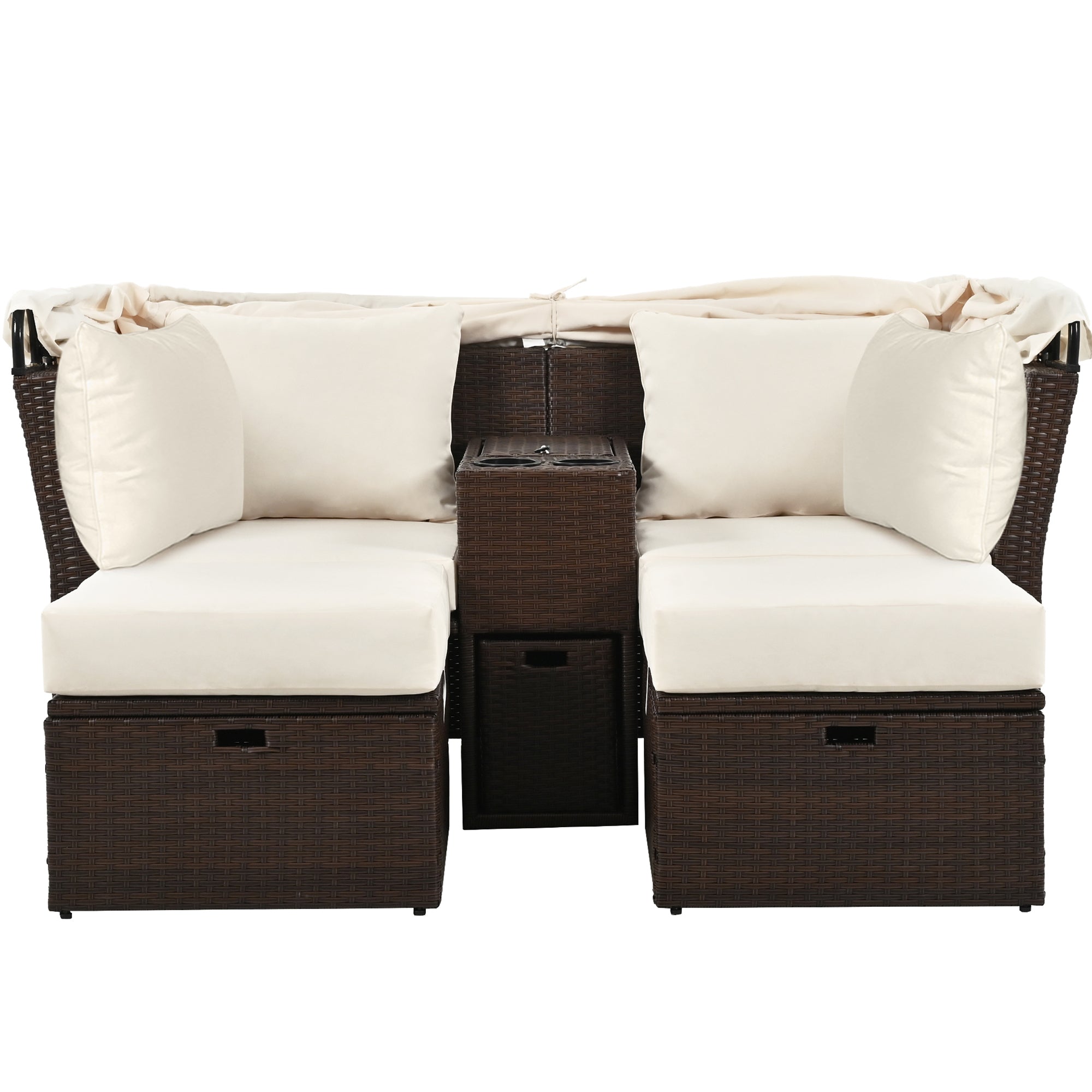 2 Seater Outdoor Patio Daybed with Foldable Awning & Cushions - Double Loveseat Sofa Set for Garden, Balcony, Poolside - Perfect for Relaxing, Sunbathing & Outdoor Lounging (Beige)