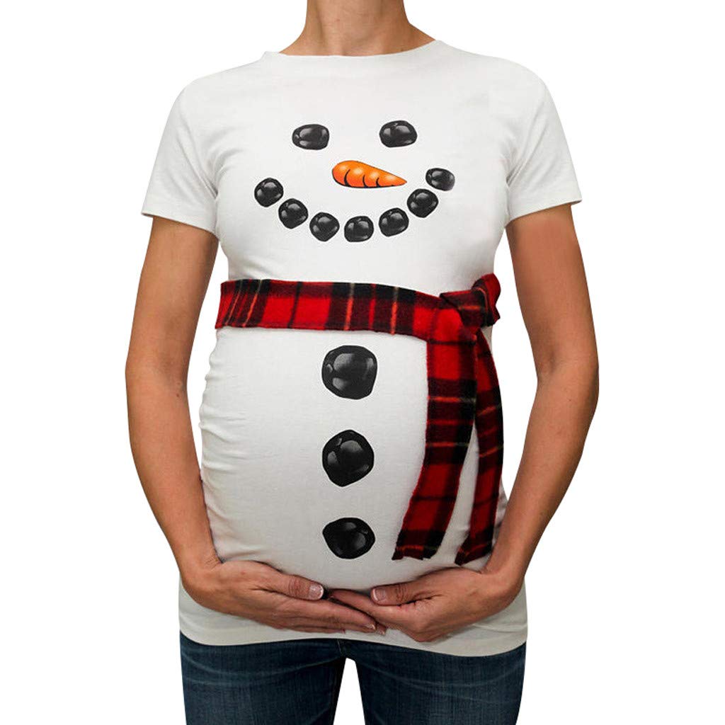 Women's Christmas Snowman Cartoon Maternity T-Shirt - Pregnancy Tee Top - Comfortable Maternity Clothes (White) - Perfect for Holiday Parties & Family Photos