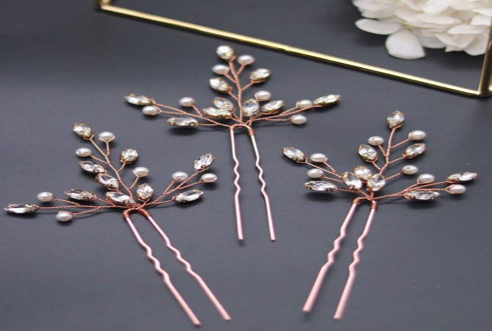 Denifery 3-Piece Pearl Bridal Hair Pins Set - Rose Gold Wedding Hair Accessories for Brides, Bridesmaids & Prom | Elegant Floral Hair Clips for Special Occasions