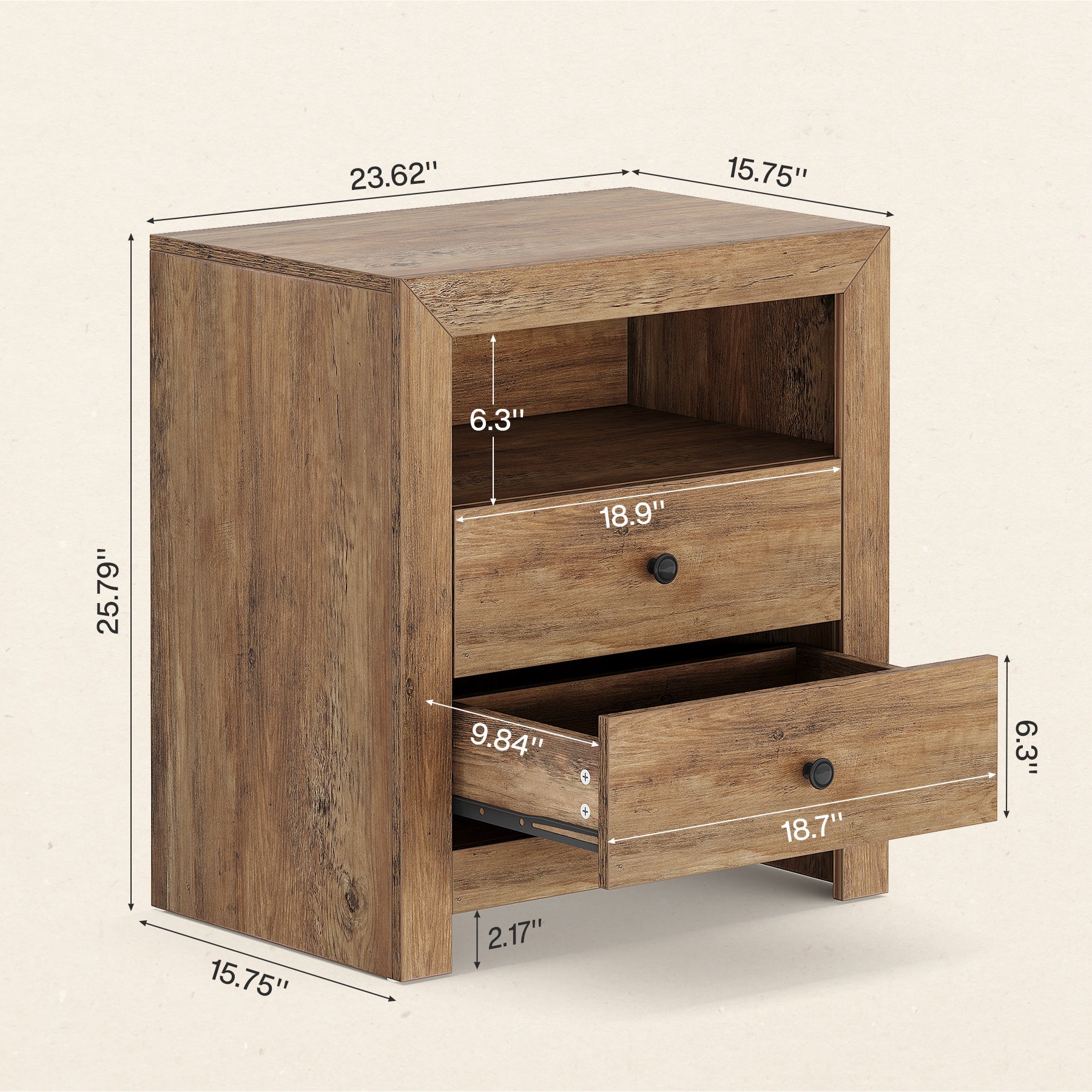 23.6 Inch Rustic Nightstand with 2 Storage Drawers - Wooden Bedside Table for Bedroom, Living Room & Guest Room - Perfect for Lamps, Books & Bedroom Essentials