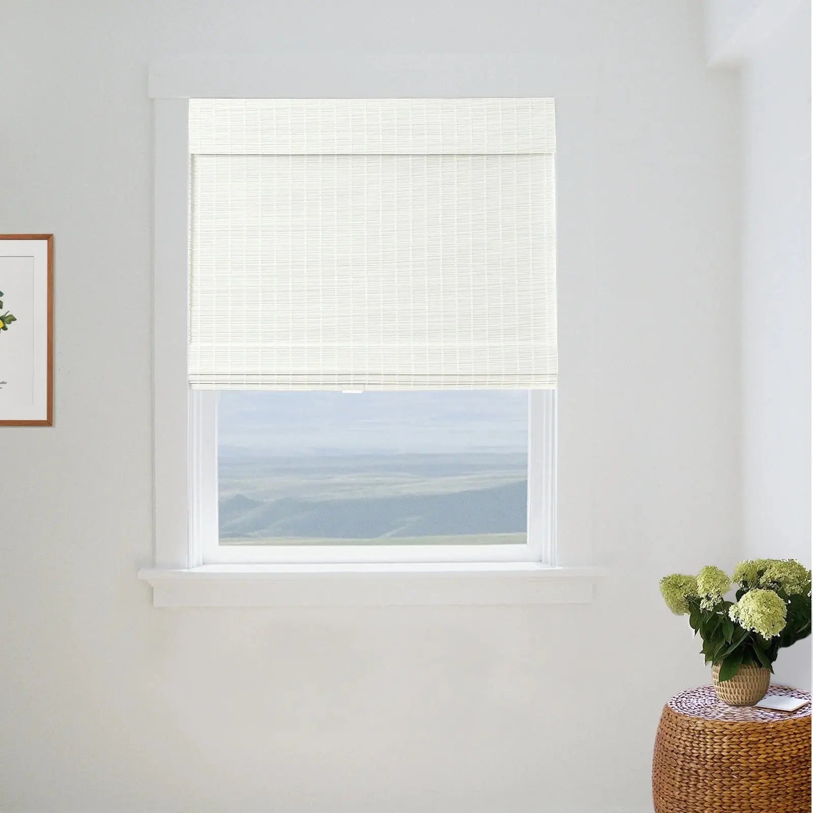 Sybil Bamboo Roman Shade - Natural Beige & White Window Treatment for Living Room, Bedroom & Office | Eco-Friendly Roller Blind for Privacy & Sun Protection