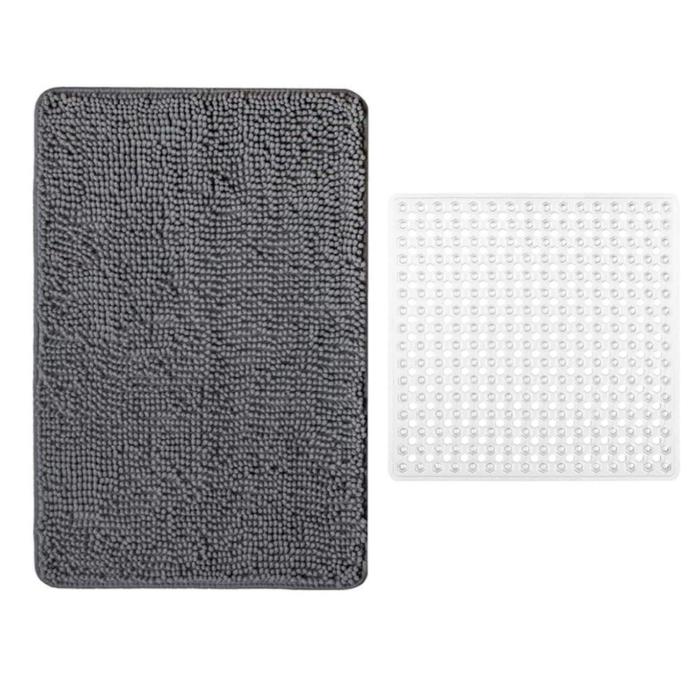Gorilla Grip Chenille Bath Rug & Shower Mat Set - 48x24 Inch Gray Bathroom Rug & 21x21 Inch Clear Shower Stall Mat - Machine Washable Non-Slip Bath Mats for Bathroom Safety & Comfort - Perfect for Bathrooms, Showers & Wet Areas