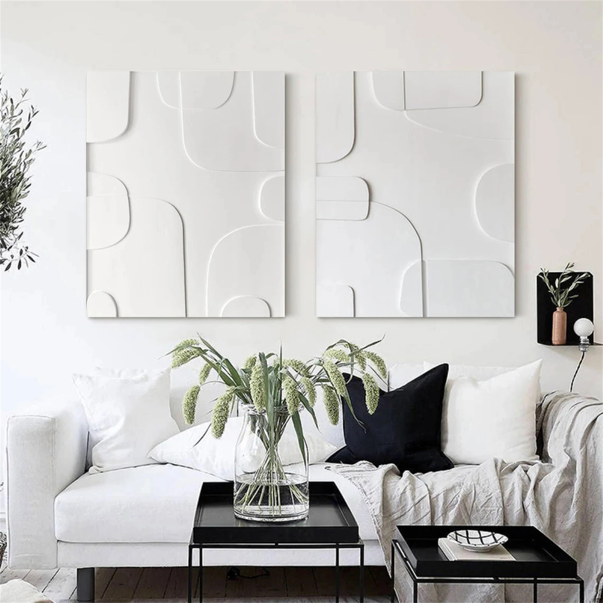 Modern White Minimalist Textured Canvas Paintings - Set of 2 Abstract Wall Art Decor #MM147 | Perfect for Living Room, Bedroom & Office Decor