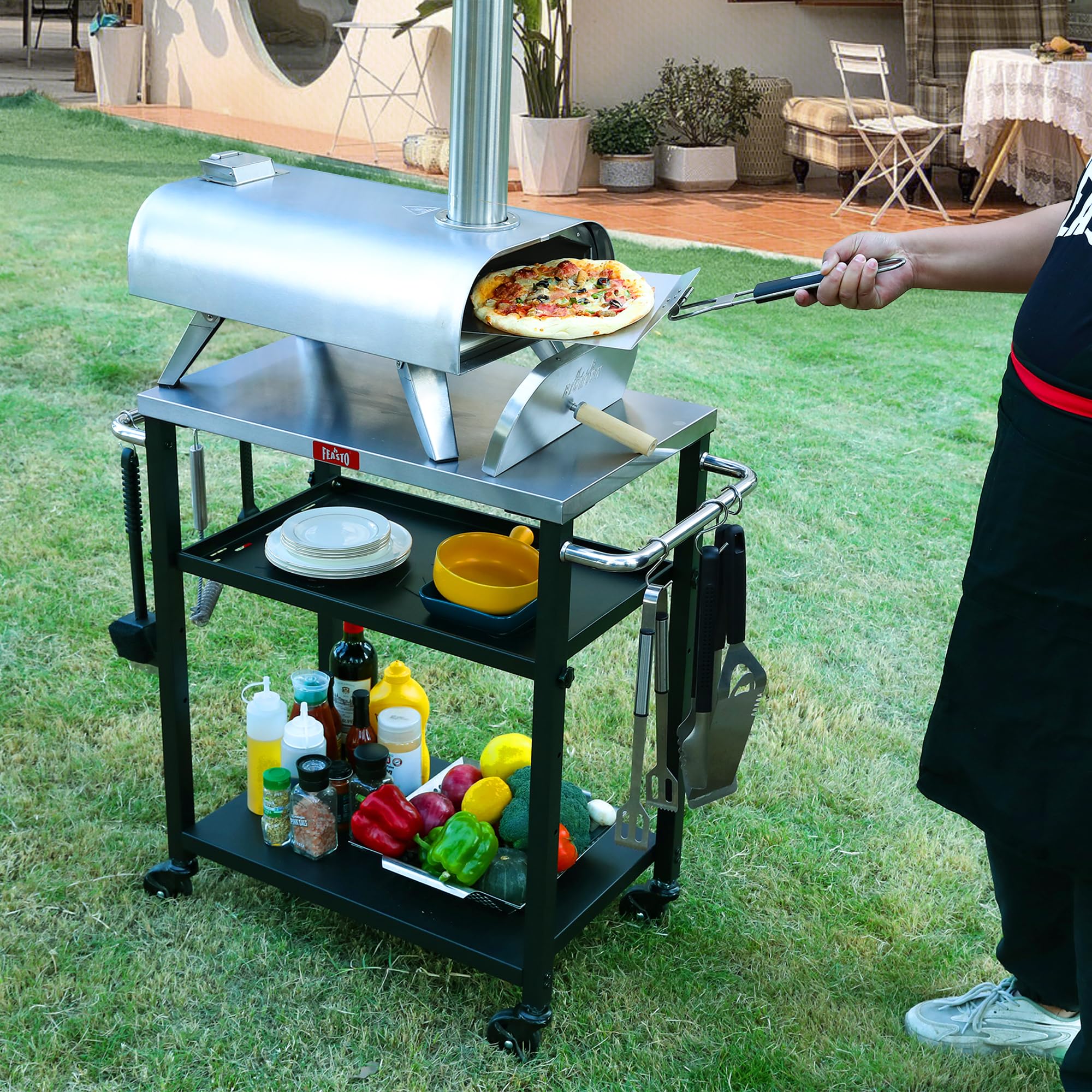 3-Tier Adjustable Grill Cart with Wheels - Stainless Steel Outdoor Pizza Oven Stand & BBQ Table (34