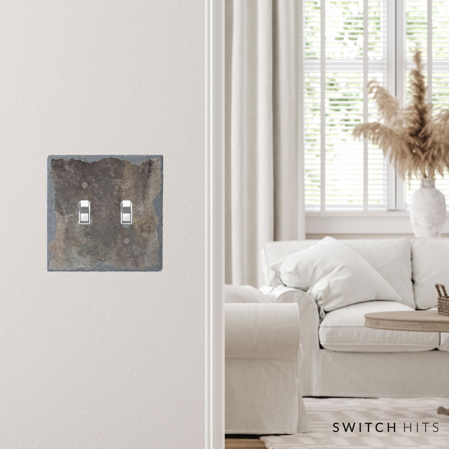 Decorative Recycled Vermont Slate Electrical Switch Plate - 2 Gang Double Toggle Light Switch Cover (5” x 5”) - Natural Earth Tone Wall Outlet Faceplate for Living Room, Bedroom & Office Decor