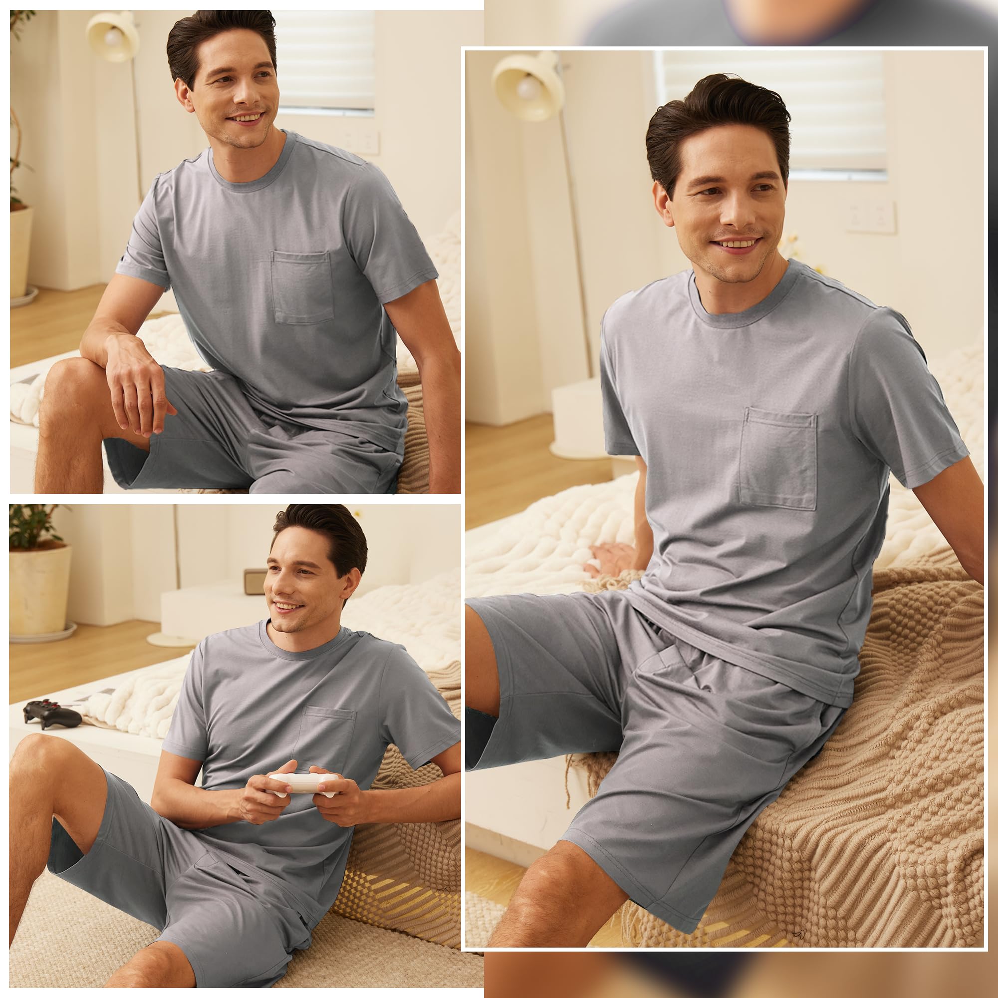 BAMBOO COOL Men's 2-Piece Pajama Set - Soft & Breathable Short Sleeve Sleepwear with Pockets | Lounge, Sleep & Summer Comfort