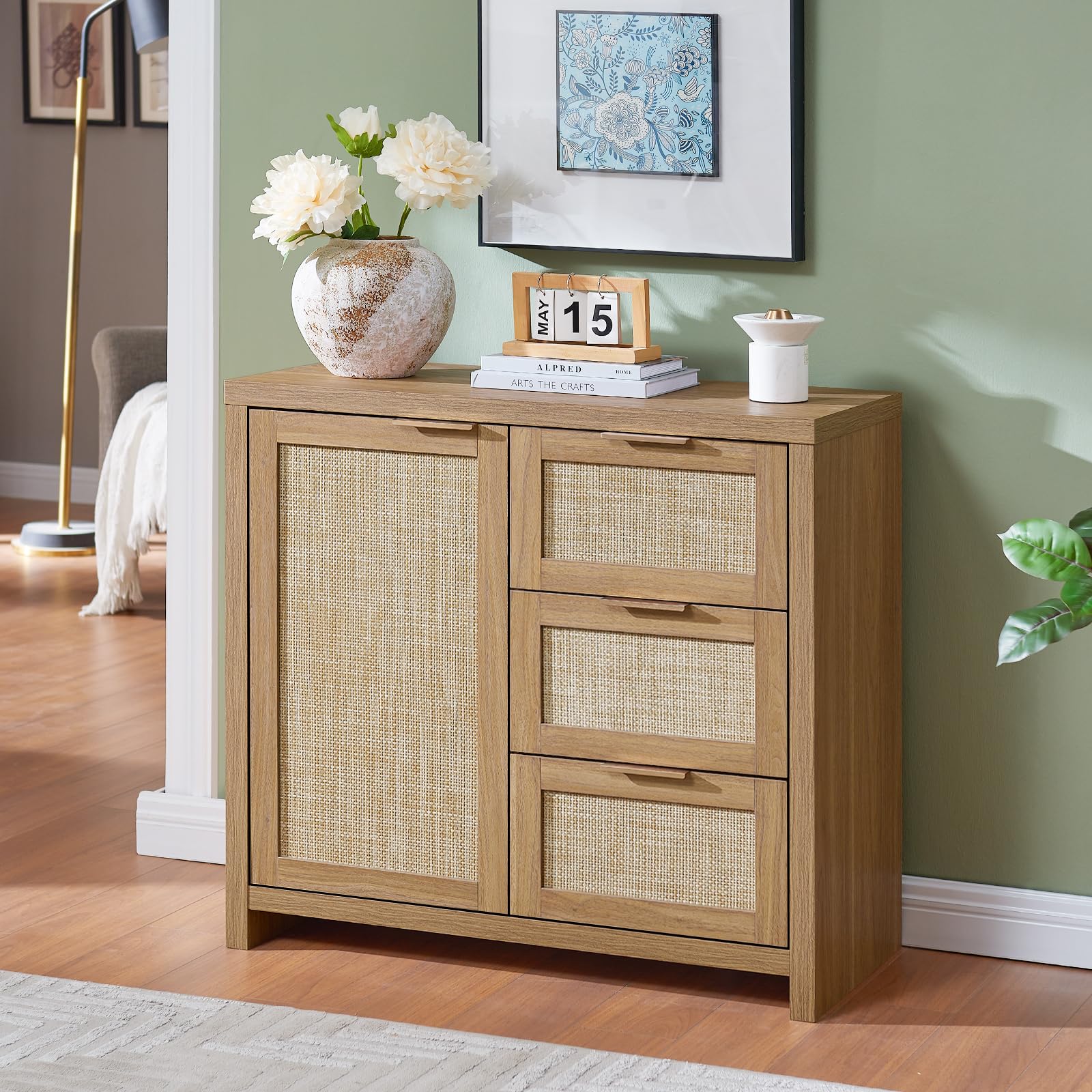 Hampstead 3-Drawer Rattan Storage Cabinet with Adjustable Shelves - Weathered Oak Accent Sideboard Buffet for Living Room, Bedroom & Entryway Storage Solution