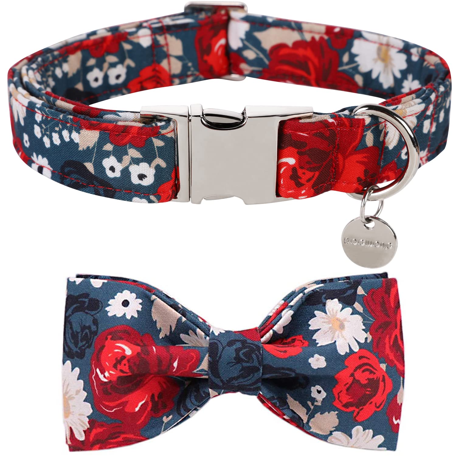 DOGWONG Adjustable Cotton Dog Collar with Floral Print & Bow - Heavy Duty Pet Collar for Small, Medium & Large Dogs - Perfect for Daily Walks, Training & Fashion Accessories