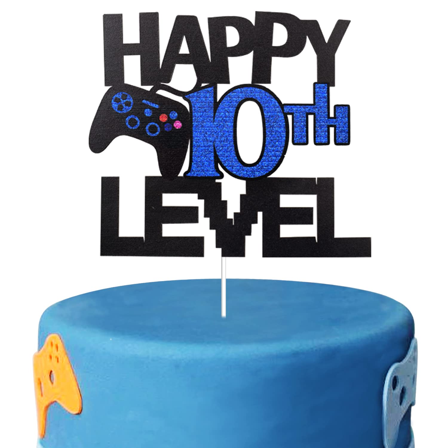 Blue Glitter Happy 10th Birthday Video Game Cake Topper - Gamer Level 10 Unlocked Party Decoration for Gaming Themed Birthday Cakes - Perfect for Gamer Kids' Birthday Parties & Gaming Celebration Cakes