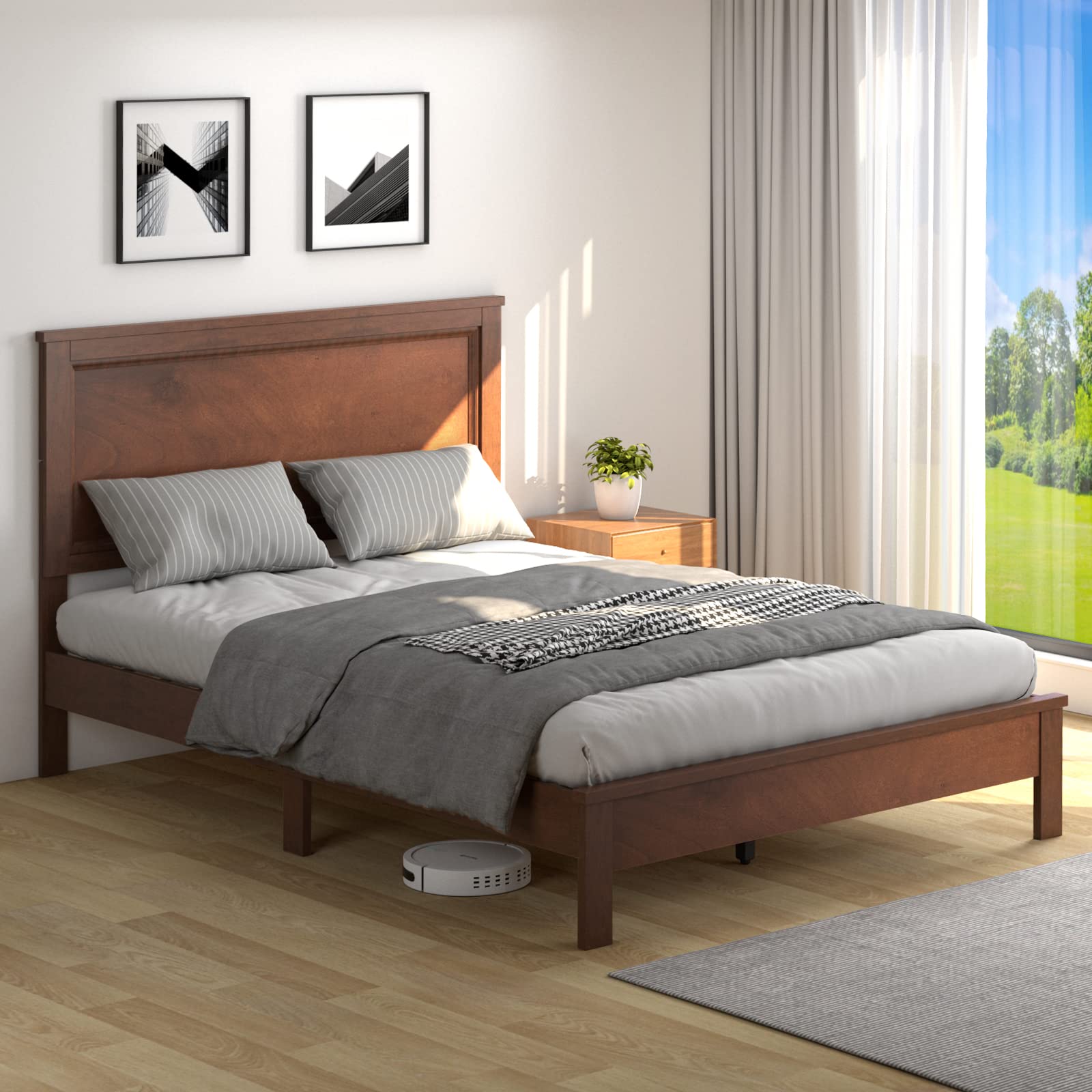 KOMFOTT Full Size Wood Platform Bed Frame with Headboard - Mid Century Modern Walnut Bed with Slat Support & Under Bed Storage - No Box Spring Needed - Perfect for Small Bedrooms, Guest Rooms & Apartments
