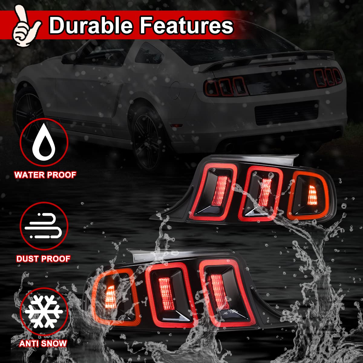 Nixon Offroad LED Tail Lights for Ford Mustang 2010-2014 - Black Housing with Red Lens - Direct Replacement Rear Lamps Assembly (1 Pair) - Enhanced Visibility & Style for Night Driving & Car Shows