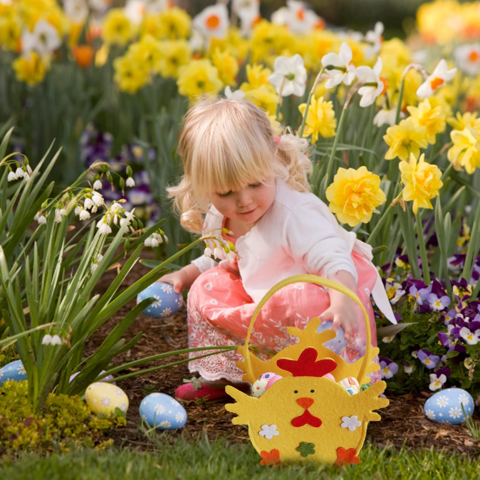 Easter Bunny Basket Bags for Kids - Cute Rabbit Egg Hunt Tote with Handle for Easter Candy, Toys & Gifts - Perfect for Easter Egg Hunts, Party Decorations & Spring Celebrations (Chicken Design)