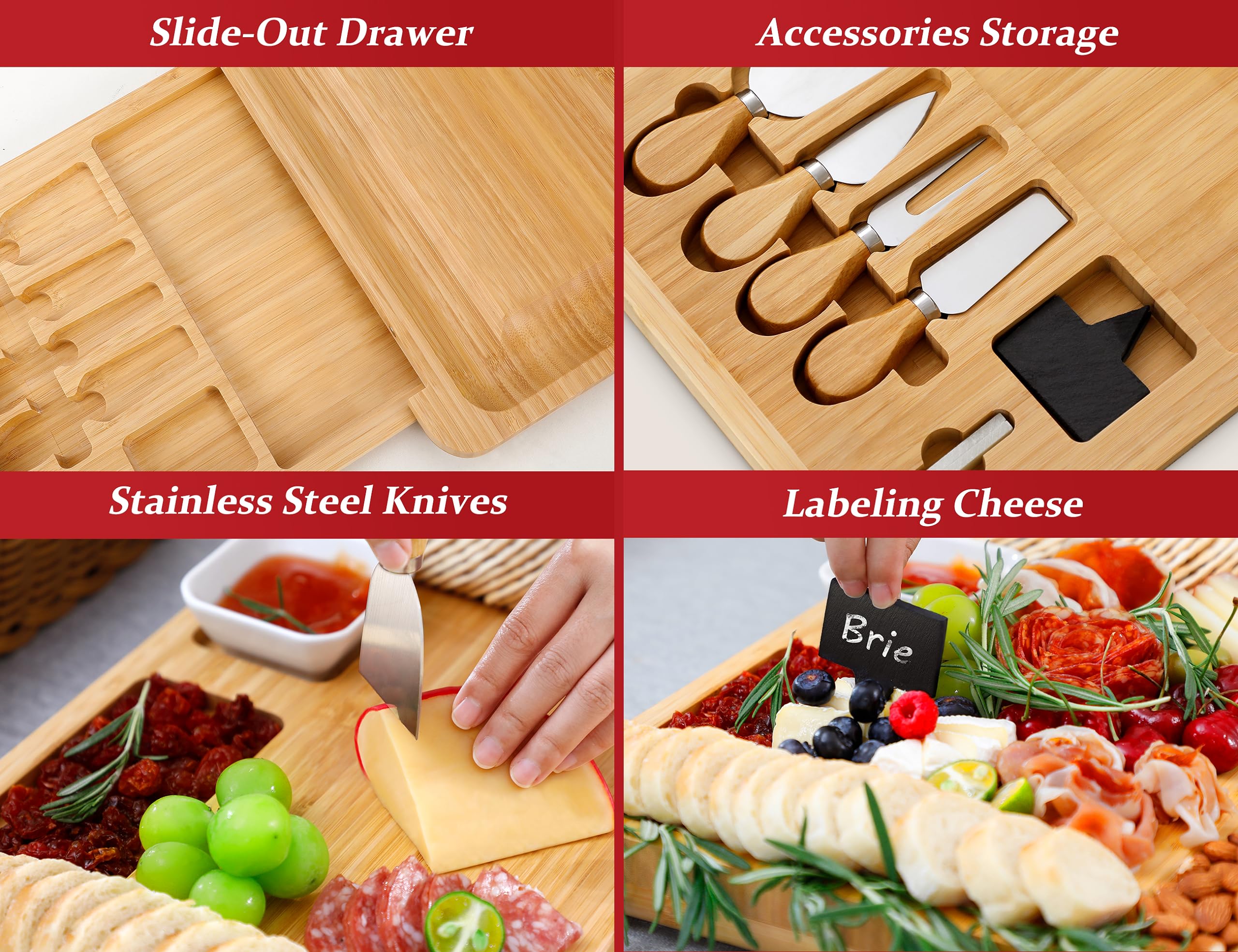 Premium Bamboo Cheese Board Set - Large Charcuterie Platter with 4 Stainless Steel Serving Knives | Perfect for Wine Parties, Housewarming Gifts, Weddings & Birthday Presents for Women & Men | Elegant Entertaining & Gourmet Cheese Tasting