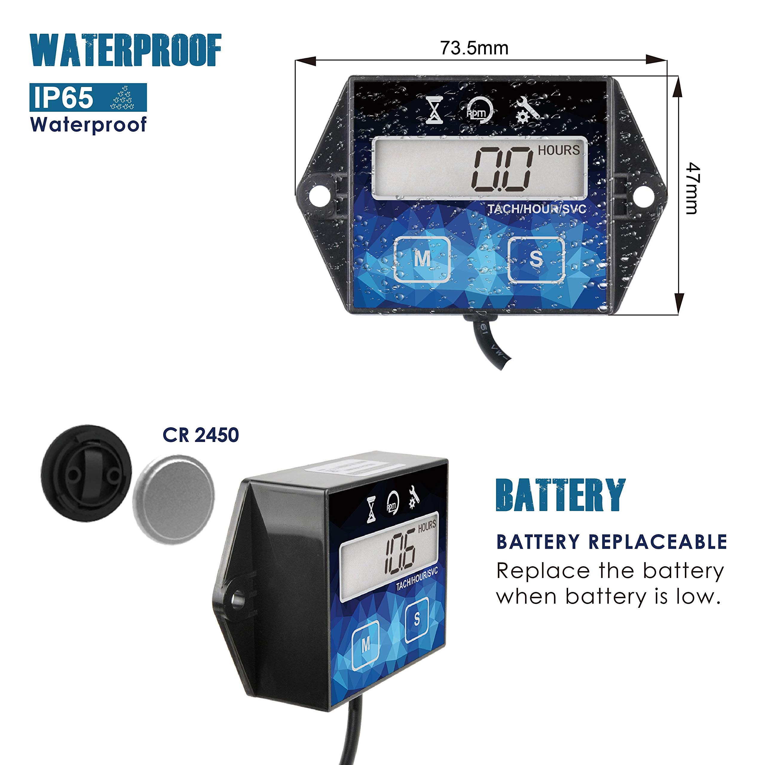 Runleader Digital Small Engine Hour Meter & Tachometer with Maintenance Reminder - Replaceable Battery, User Shutdown - Compatible with ZTR Lawn Mowers, Tractors, Generators, Marine Outboards & ATVs - Track Engine Hours for Maintenance Scheduling (1)
