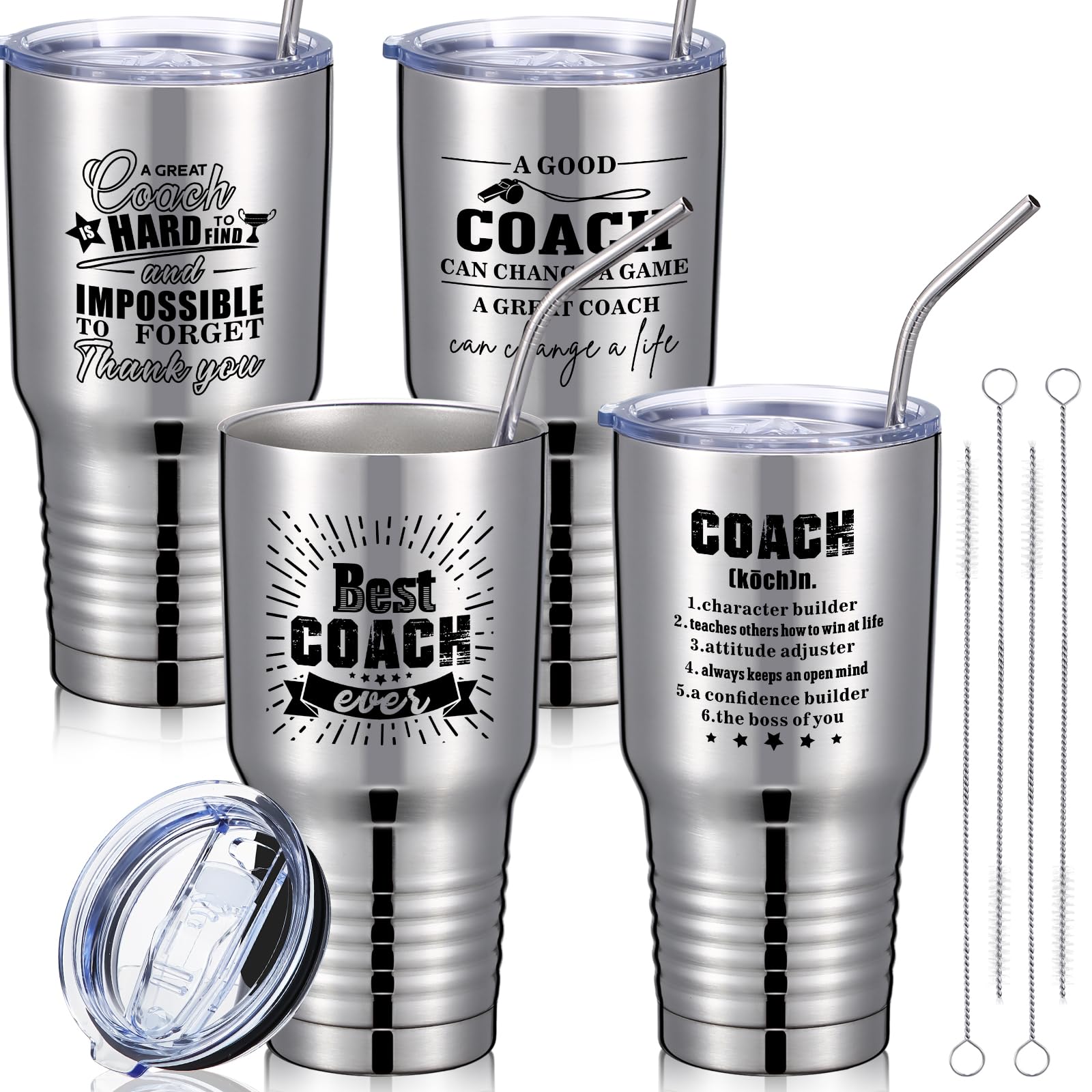 Uiifan 4-Pack 30oz Stainless Steel Coach Thank You Gift Set - Best Coach Ever Tumbler with Lid & Straw (Silver) - Perfect for Basketball, Soccer, Baseball Coaches - Great for Practice, Games & Team Appreciation