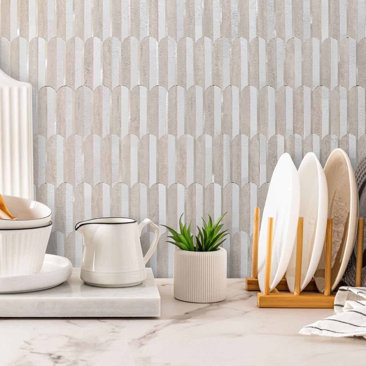 DICOFUN 10-Sheet Beige Stone Peel and Stick Backsplash for Kitchen - PVC Self-Adhesive Wall Tiles - Waterproof & Easy to Install - Perfect for Kitchen, Bathroom, Laundry Room & RV Decor