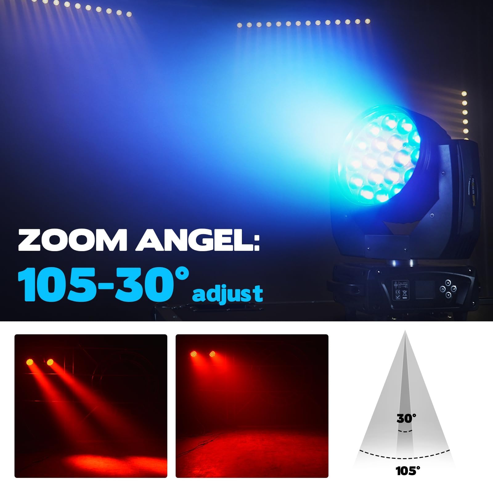 19x15W RGBW 4-in-1 Moving Head LED DJ Light with Beam/Wash Zoom, Sound Activation & DMX Control - Perfect for Stage Shows, Disco Clubs, Wedding Parties and Live Events