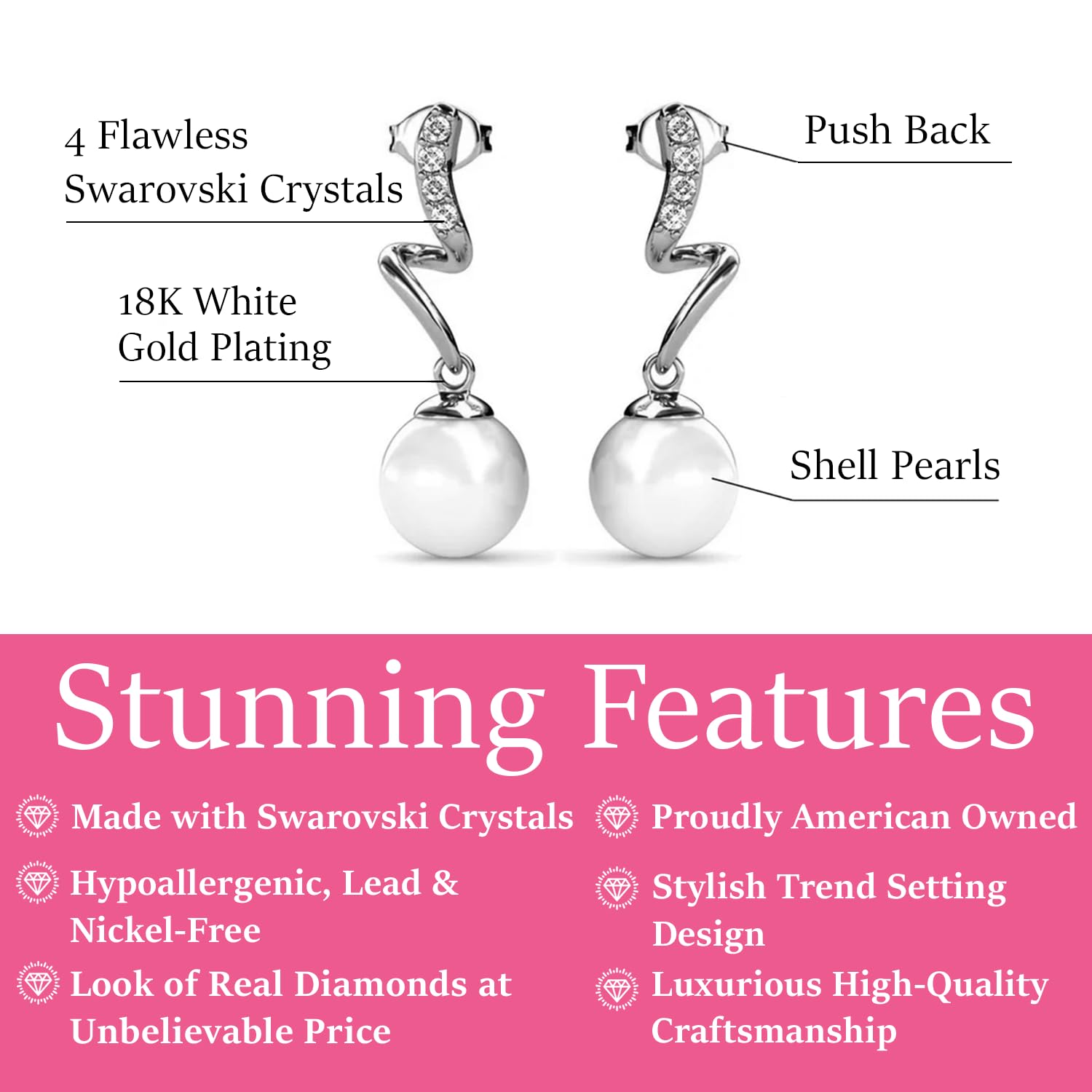 Cate & Chloe Ophelia 18K White Gold Dangle Earrings with Swarovski Crystals & Freshwater Pearl - Elegant Drop Earrings for Women & Girls - Perfect Jewelry Gift for Weddings, Parties & Special Occasions