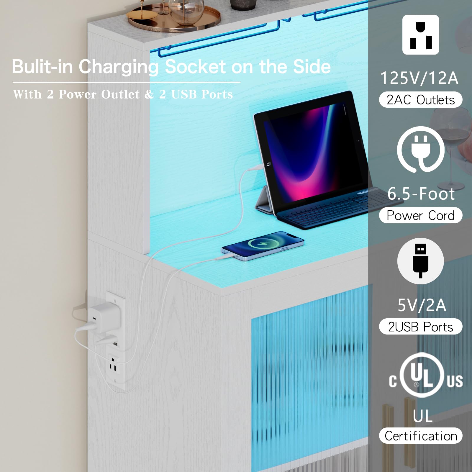 Modern White Large Wine Bar Cabinet with LED Lights, Wine & Glass Rack - Kitchen Coffee Bar Storage Buffet Sideboard with Drawers for Dining Room, Living Room & Home Entertaining