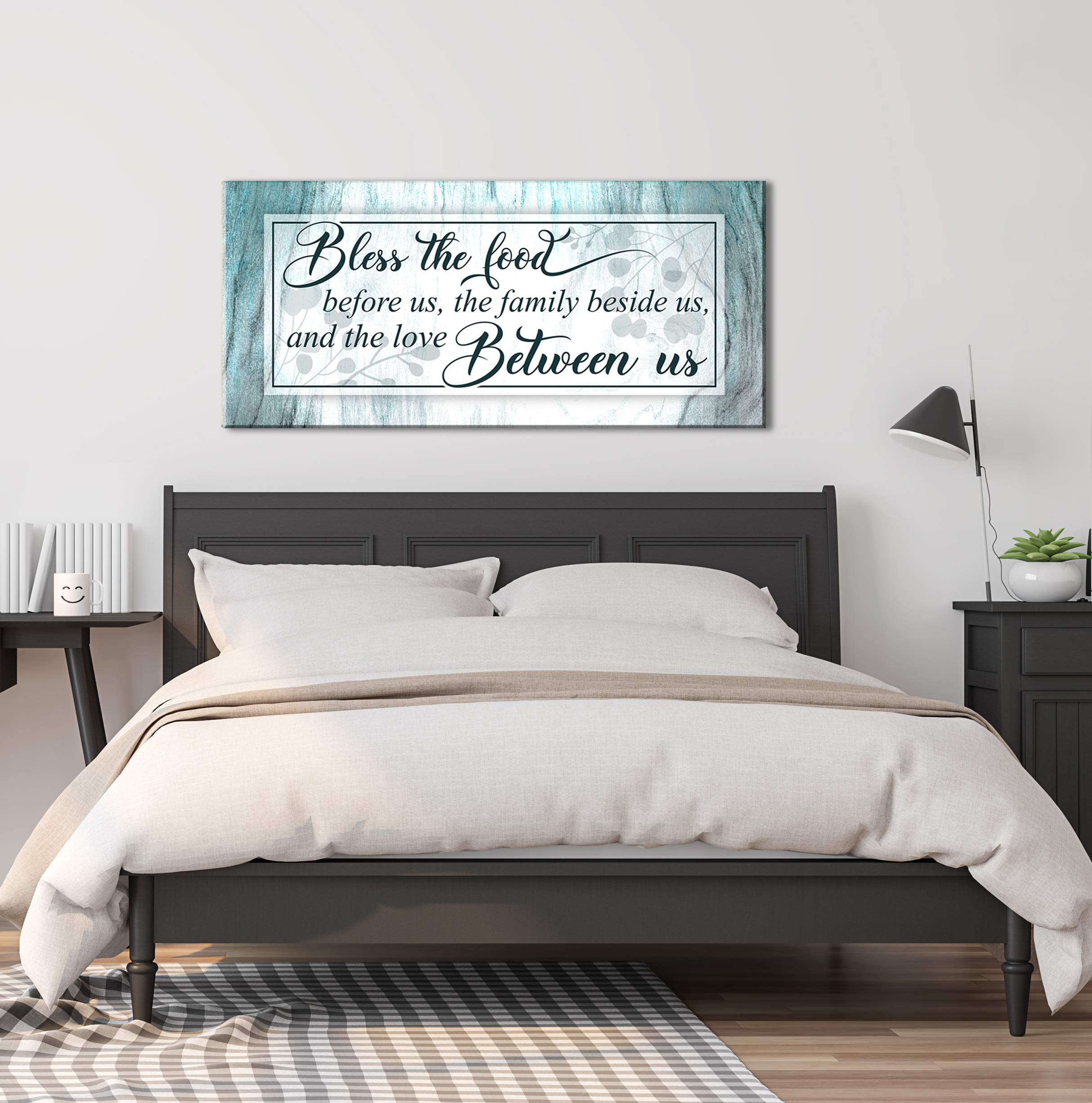 Bless The Food Sign - Large Christian Wall Decor for Dining Room & Kitchen - 60x27 Teal Canvas Wall Art - Perfect for Family Home Decor & Gift Giving