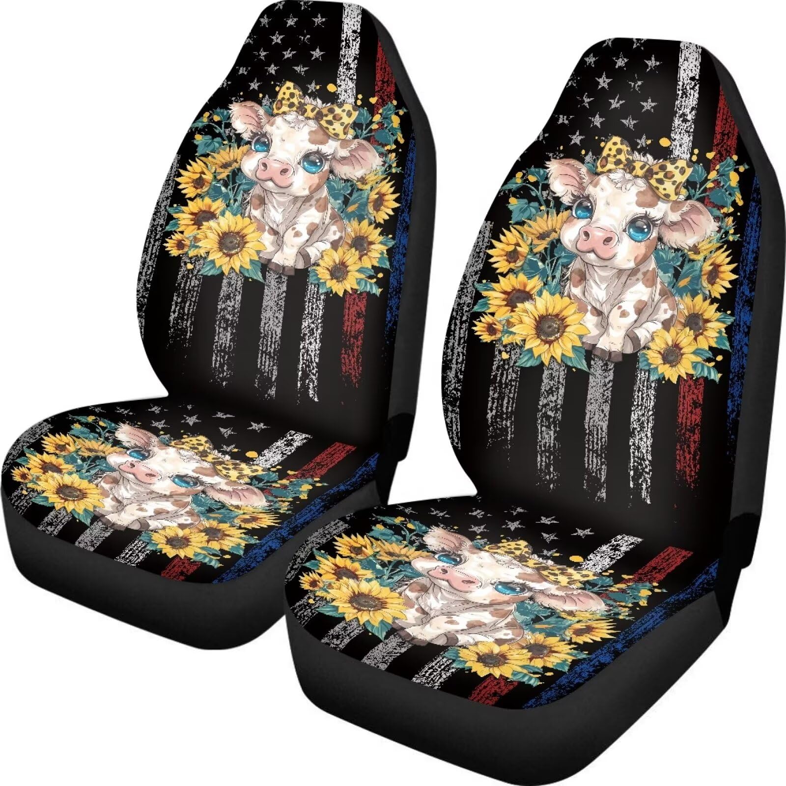 American Flag Cow Sunflower Car Seat Covers - 2 Piece Universal Fit Front Bucket Seat Protectors for Cars, Trucks & SUVs | Easy Install Auto Interior Decor | Perfect for Patriotic, Farmhouse & Country Style Vehicle Themes