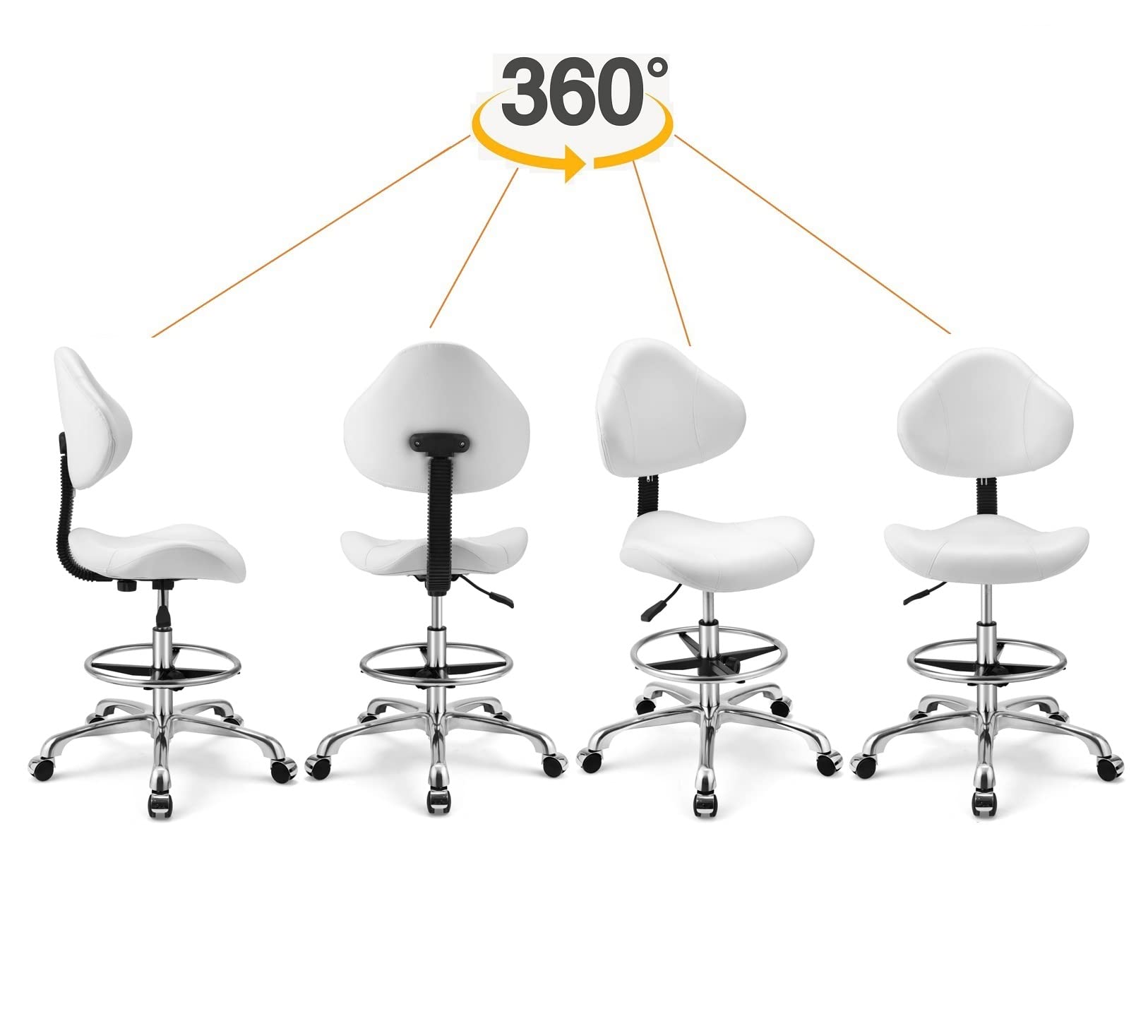 Ergonomic Drafting Chair with Lumbar Support - Adjustable Height Swivel Rolling Stool for Home Office, Studio & Craft Room - White Multi-Functional Desk Chair for Artists, Architects & Designers